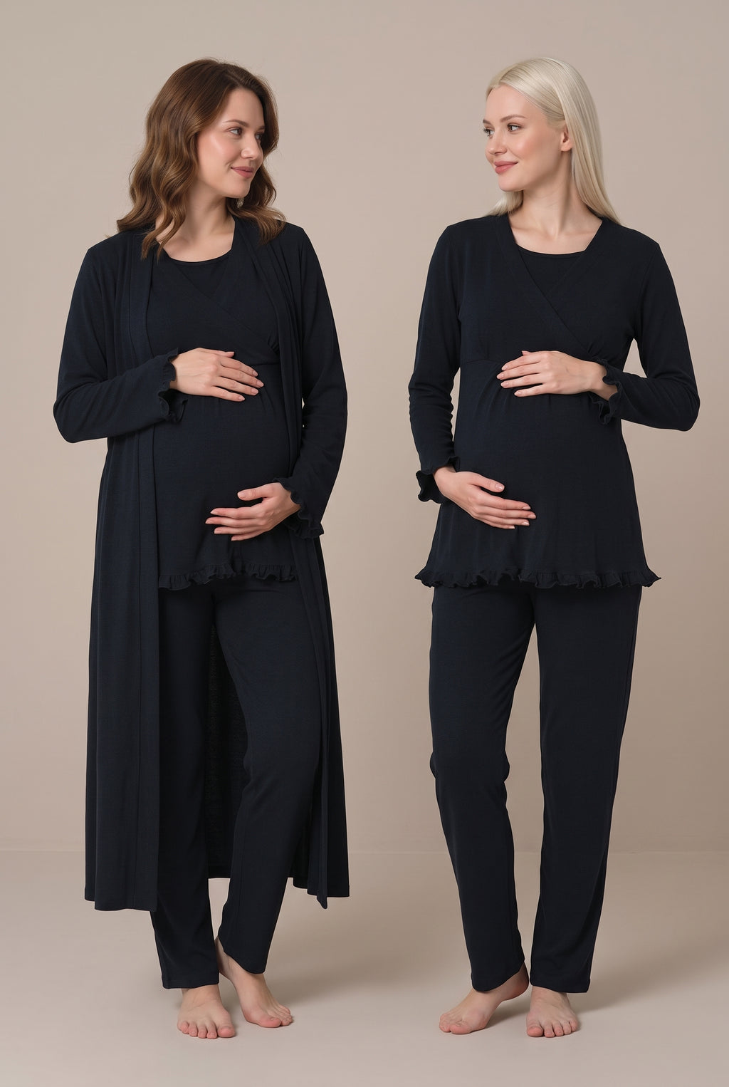 Şık Tasarım Kruvaze Yaka Emzirme Kolaylıgı Saglayan Ayarlanabilir Bel Özellikli Pamuklu Lohusa Hamile Sabahlıklı Pijama Takımı 04044
