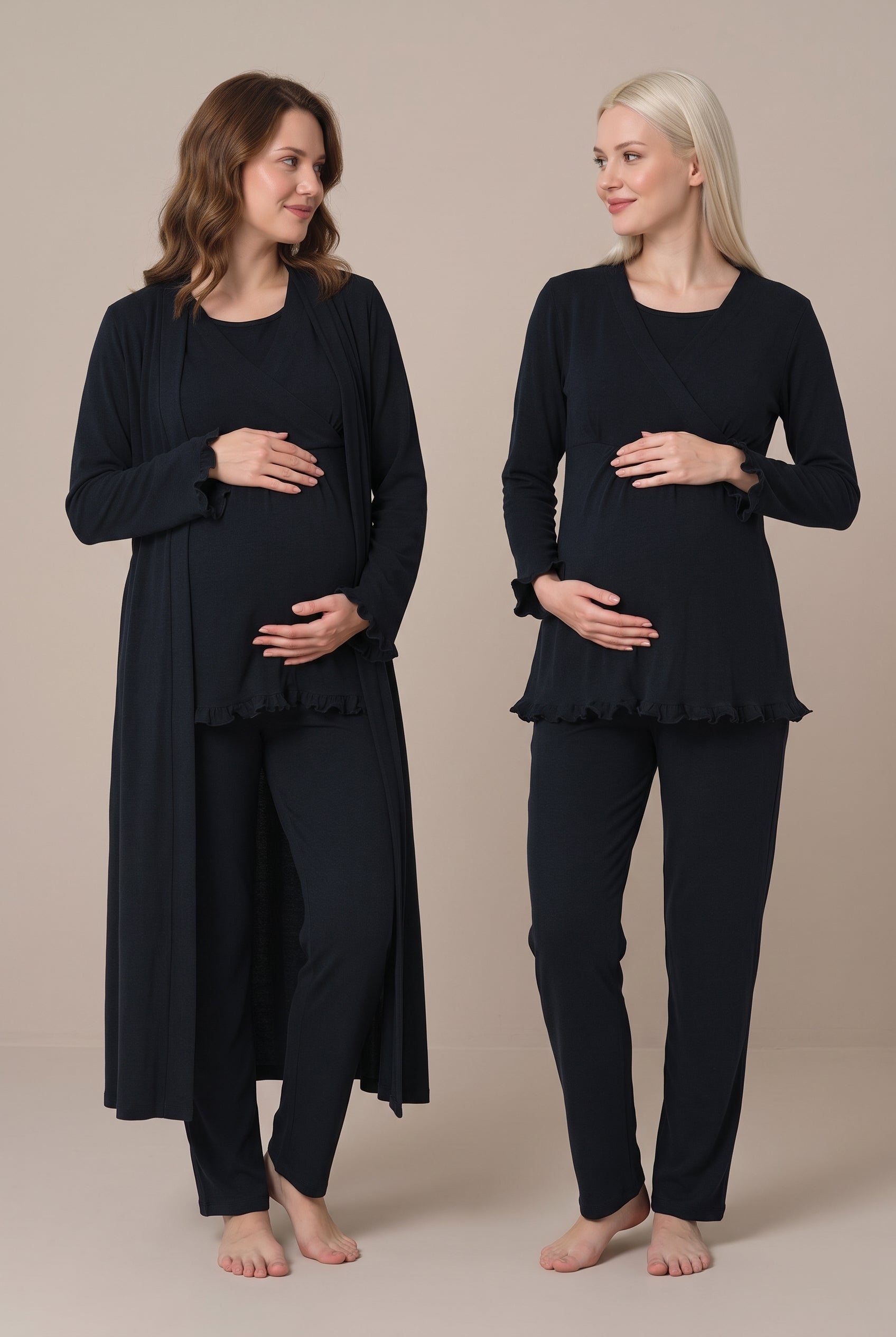 Şık Tasarım Kruvaze Yaka Emzirme Kolaylıgı Saglayan Ayarlanabilir Bel Özellikli Pamuklu Lohusa Hamile Sabahlıklı Pijama Takımı 04044