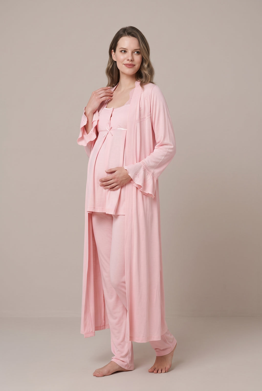 Şık Tasarım Fistolu Volan Kollu Pamuklu Emzirme Kolaylıgı Saglayan Lohusa Hamile Sabahlıklı Pijama Seti 07024