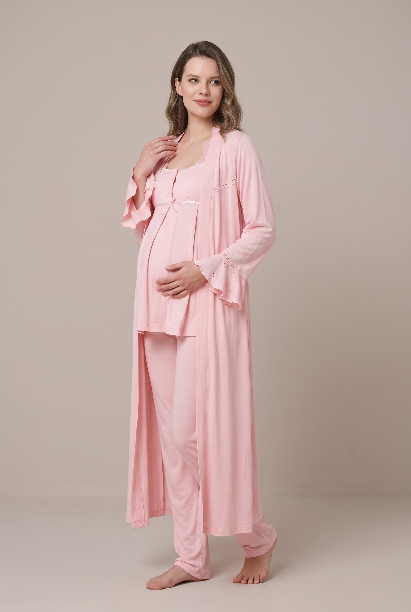Şık Tasarım Fistolu Volan Kollu Pamuklu Emzirme Kolaylıgı Saglayan Lohusa Hamile Sabahlıklı Pijama Seti 07024