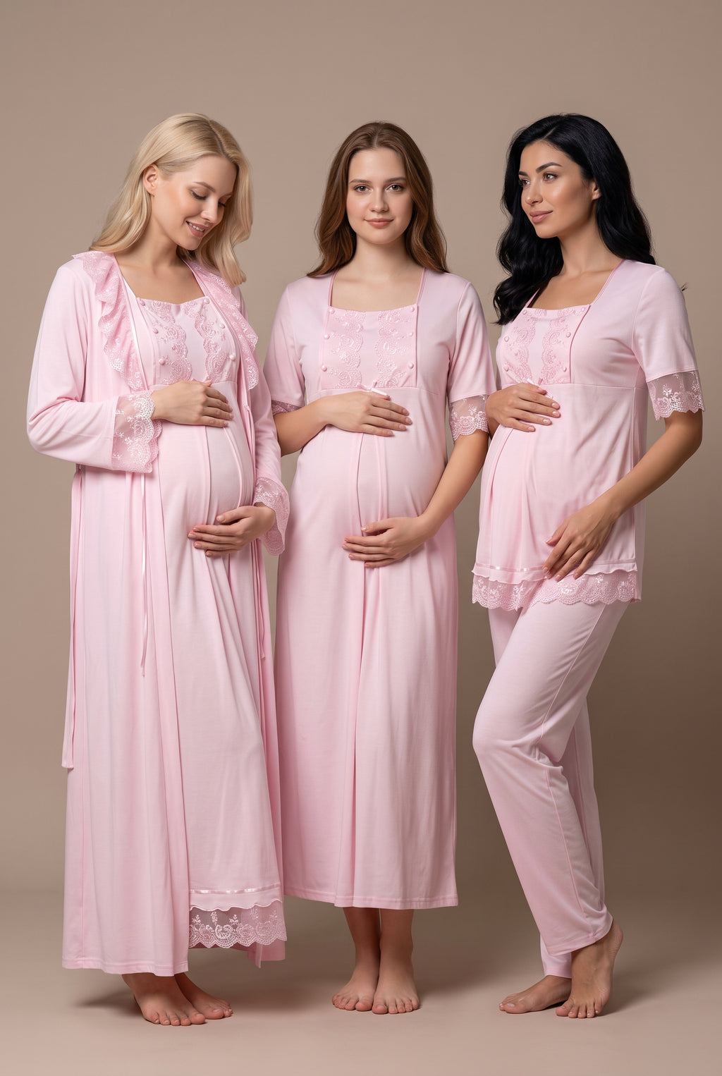 Şık Tasarım Emzirme Ve Ayarlanabilir Bel Özellikli Pamuklu Lohusa Hamile Sabahlık Gecelik Pijama 4'Set 06036