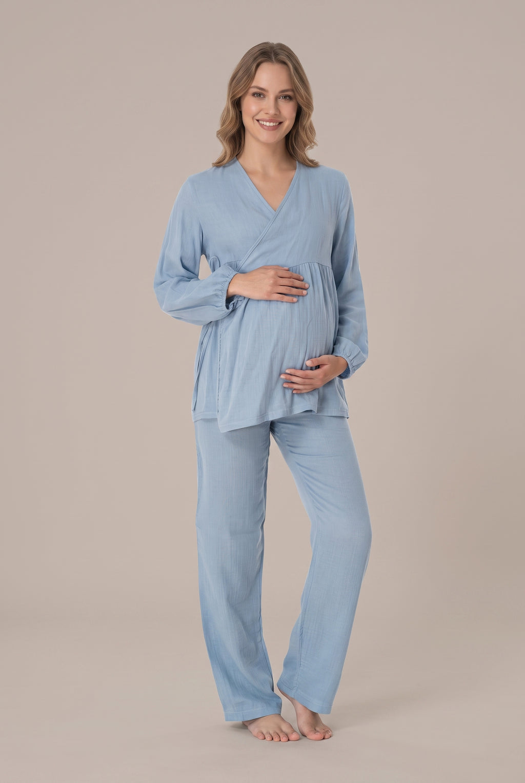 Şık Tasarım Müslin Kumaş Ayarlanabilir Bel Özellikli Emzirme Kolaylıgı Saglayan Pamuk Lohusa Hamile Pijama Takımı 03087