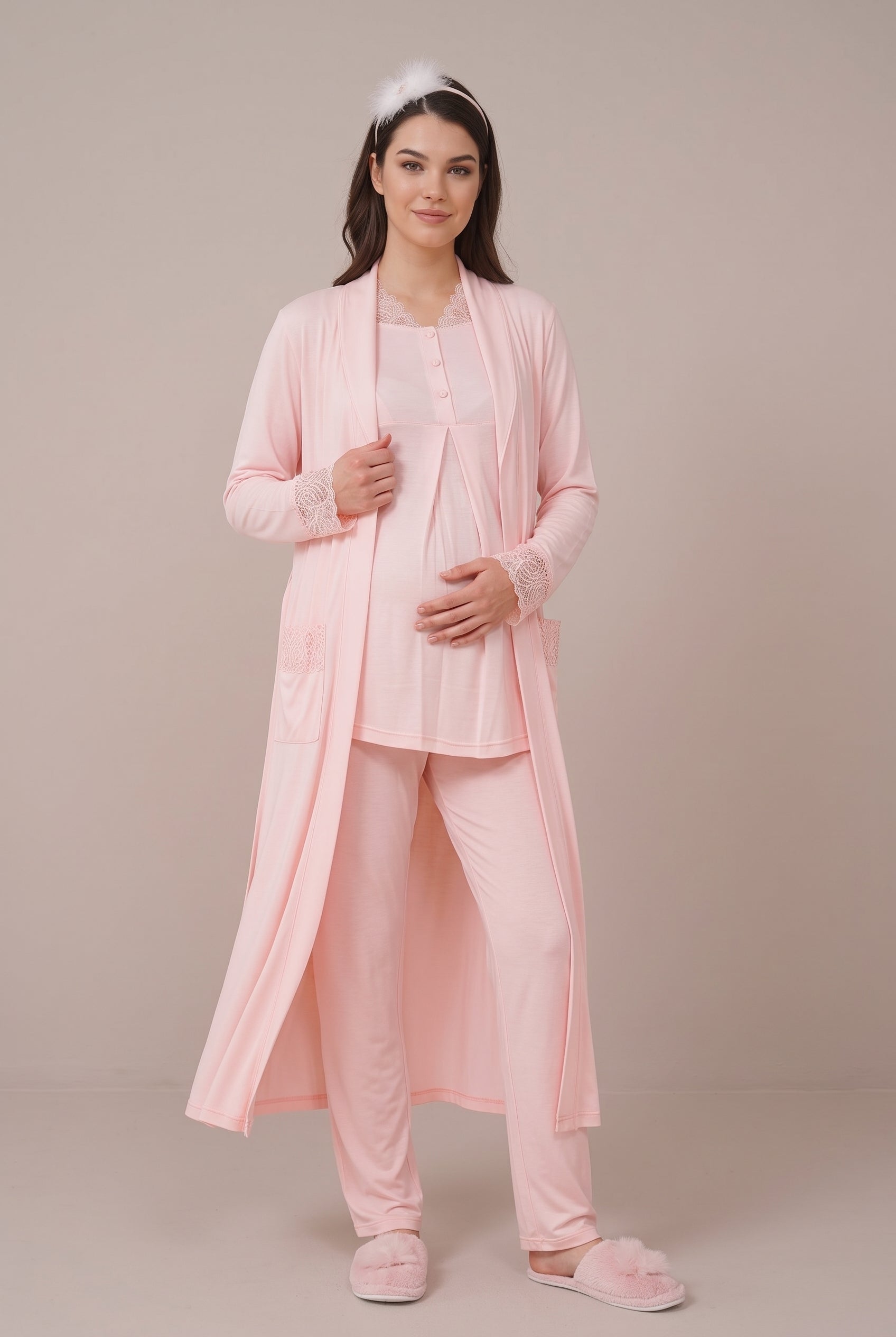 Şık Tasarım Dantel Detaylı Ayarlanabilir Bel Özellikli Pamuklu Emzirme Kolaylıgı Saglayan Lohusa Hamile Sabahlıklı Pijama Takımı 06330