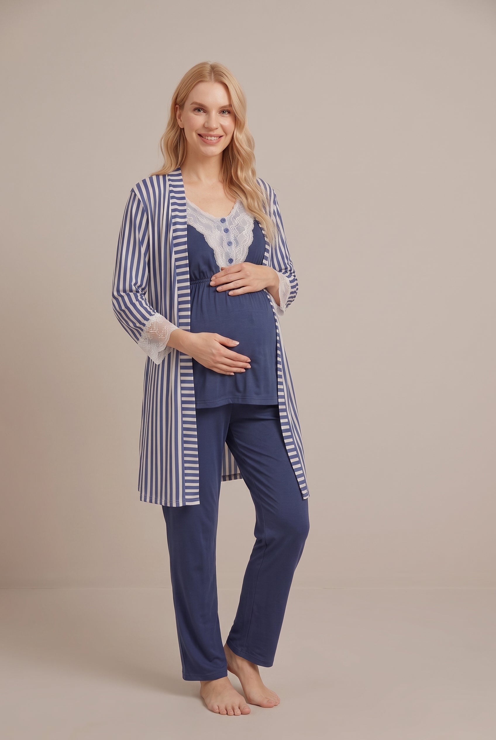 Şık Tasarım Desenli Dantel Detaylı Ayarlanabilir Bel Özellikli Lohusa Hamile Sabahlıklı Pijama Seti 02054