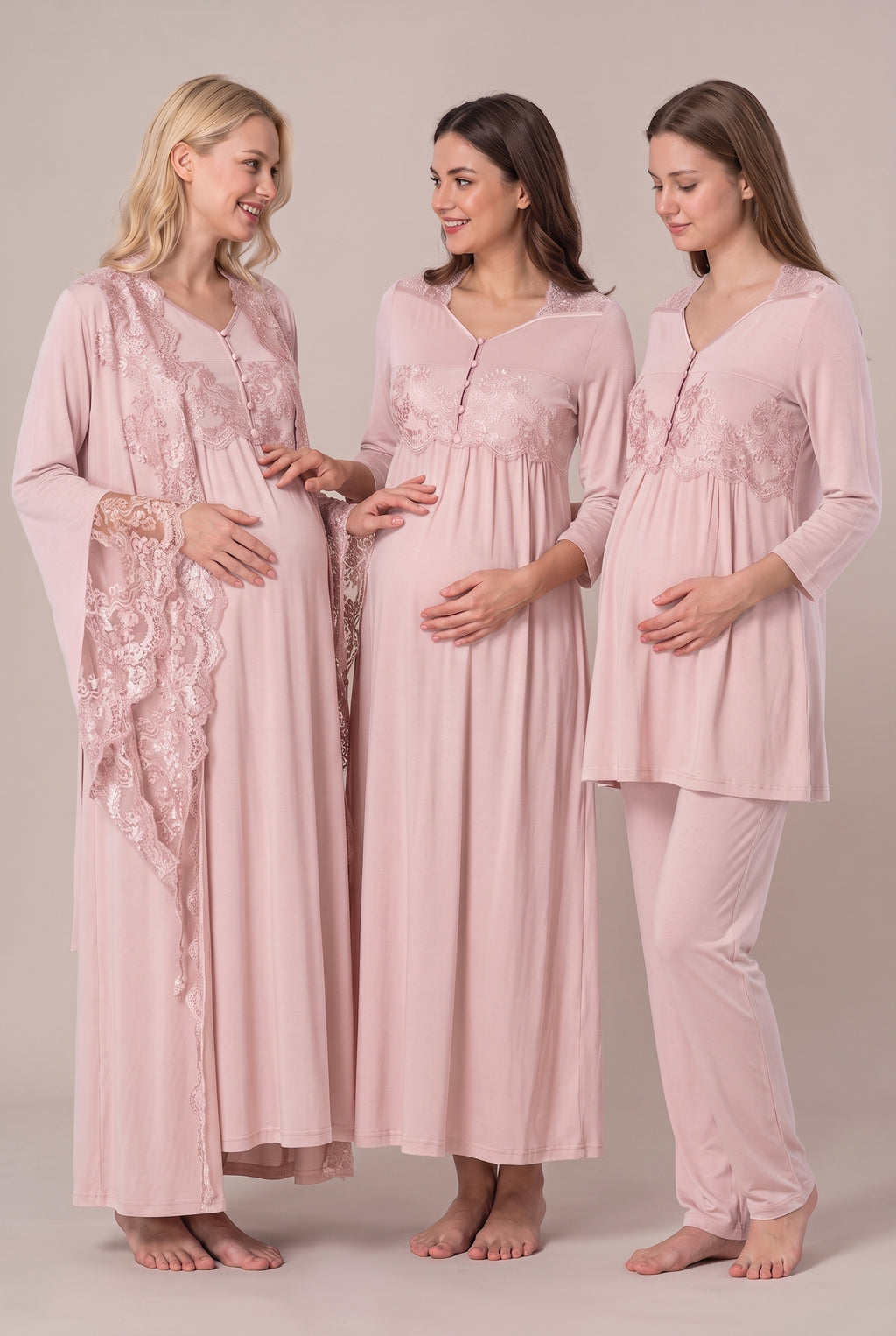 Şık Tasarım Prenses Kol Emzirme Kolaylıgı Saglayan Ayarlanabilir Bel Özellikli Pamuklu Lohusa Hamile Sabahlıklı Gecelik Pijama Seti 03014