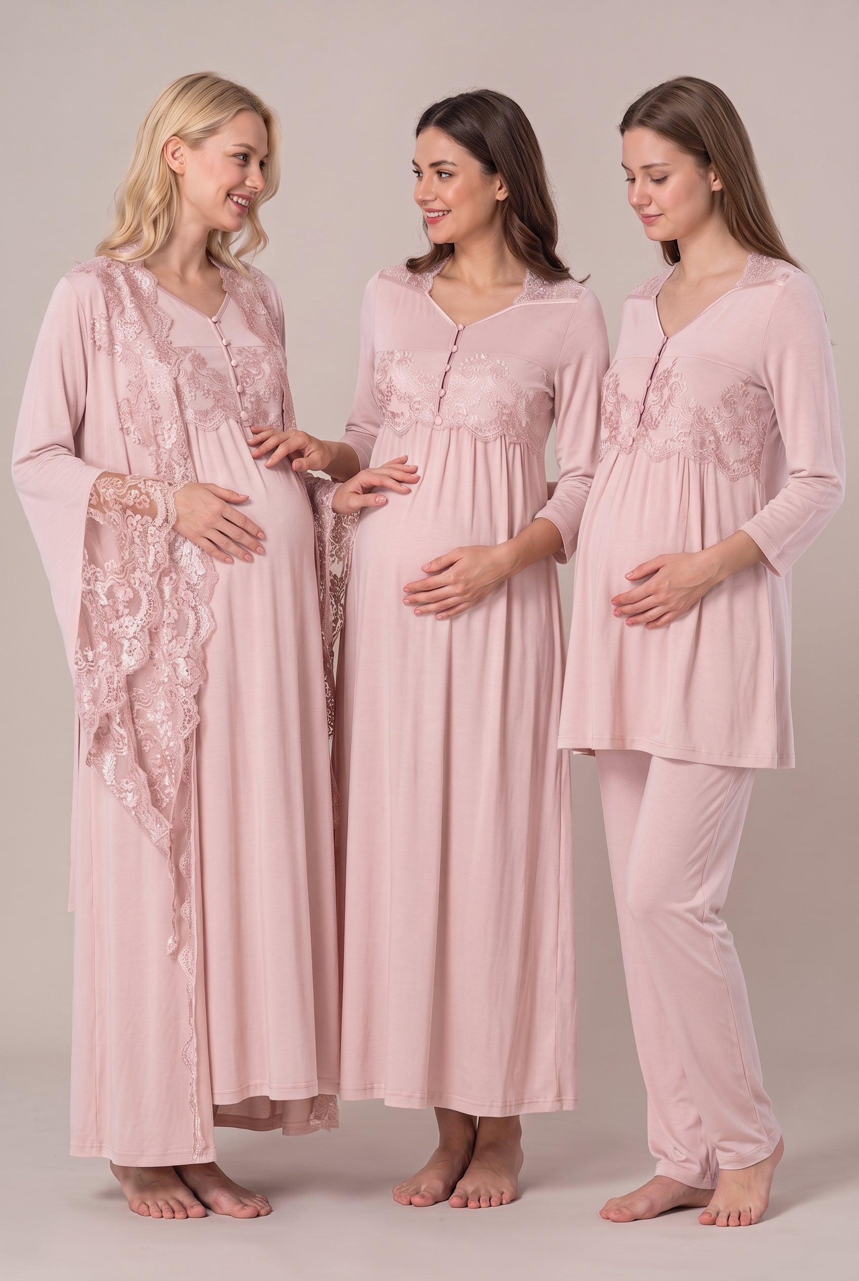 Şık Tasarım Prenses Kol Emzirme Kolaylıgı Saglayan Ayarlanabilir Bel Özellikli Pamuklu Lohusa Hamile Sabahlıklı Gecelik Pijama Seti 03014