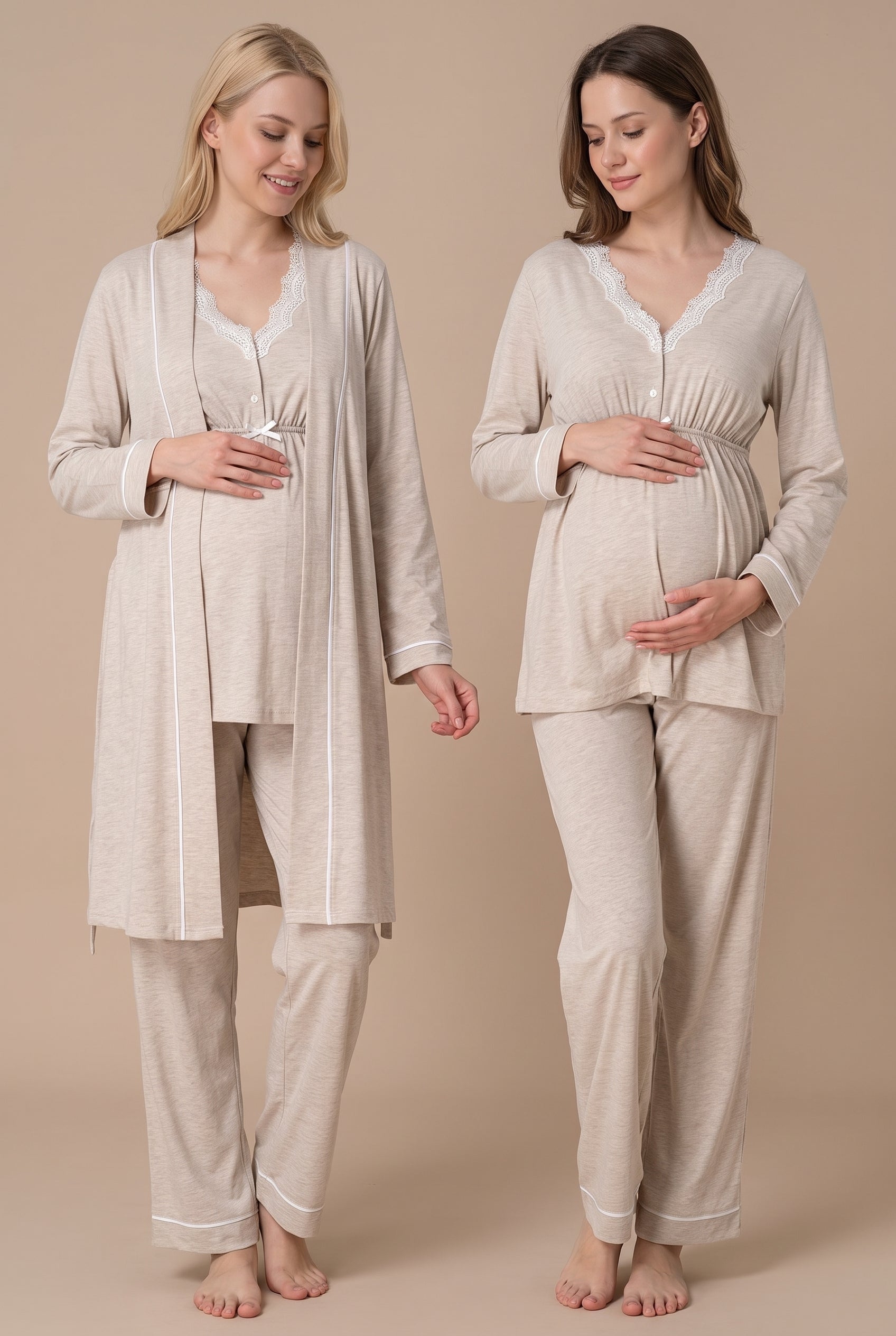 Şık Tasarım Dantel Detaylı Emzirme Kolaylıgı Saglayan Ayarlanabilir Bel Özellikli Pamuklu Lohusa Hamile Sabahlıklı Pijama Takımı 03054