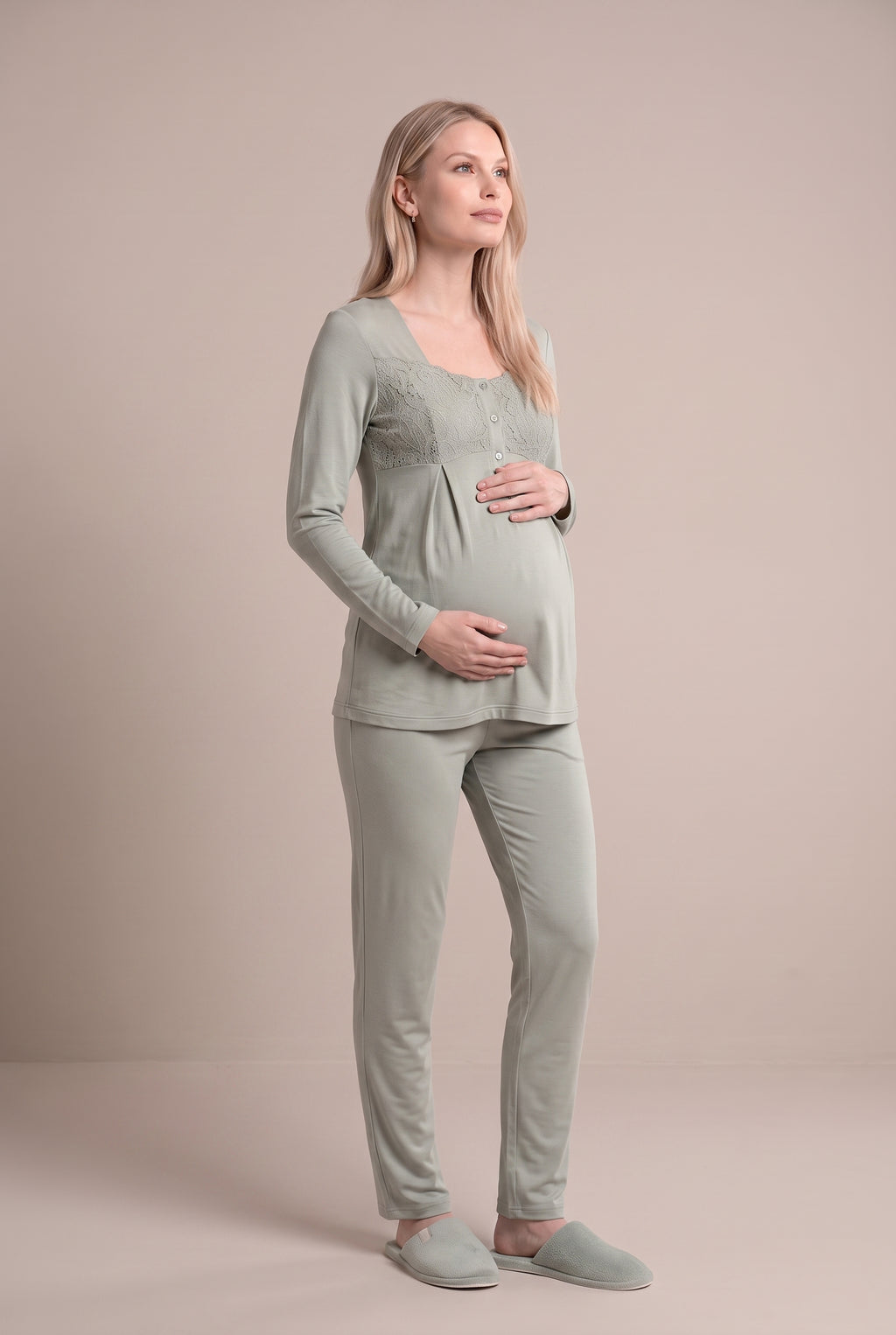 Şık Tasarım Dantel Sabahlıklı Ayarlanabilir Bel Özellikli Pamuklu Lohusa Hamile Sabahlıklı Pijama Takımı 06402