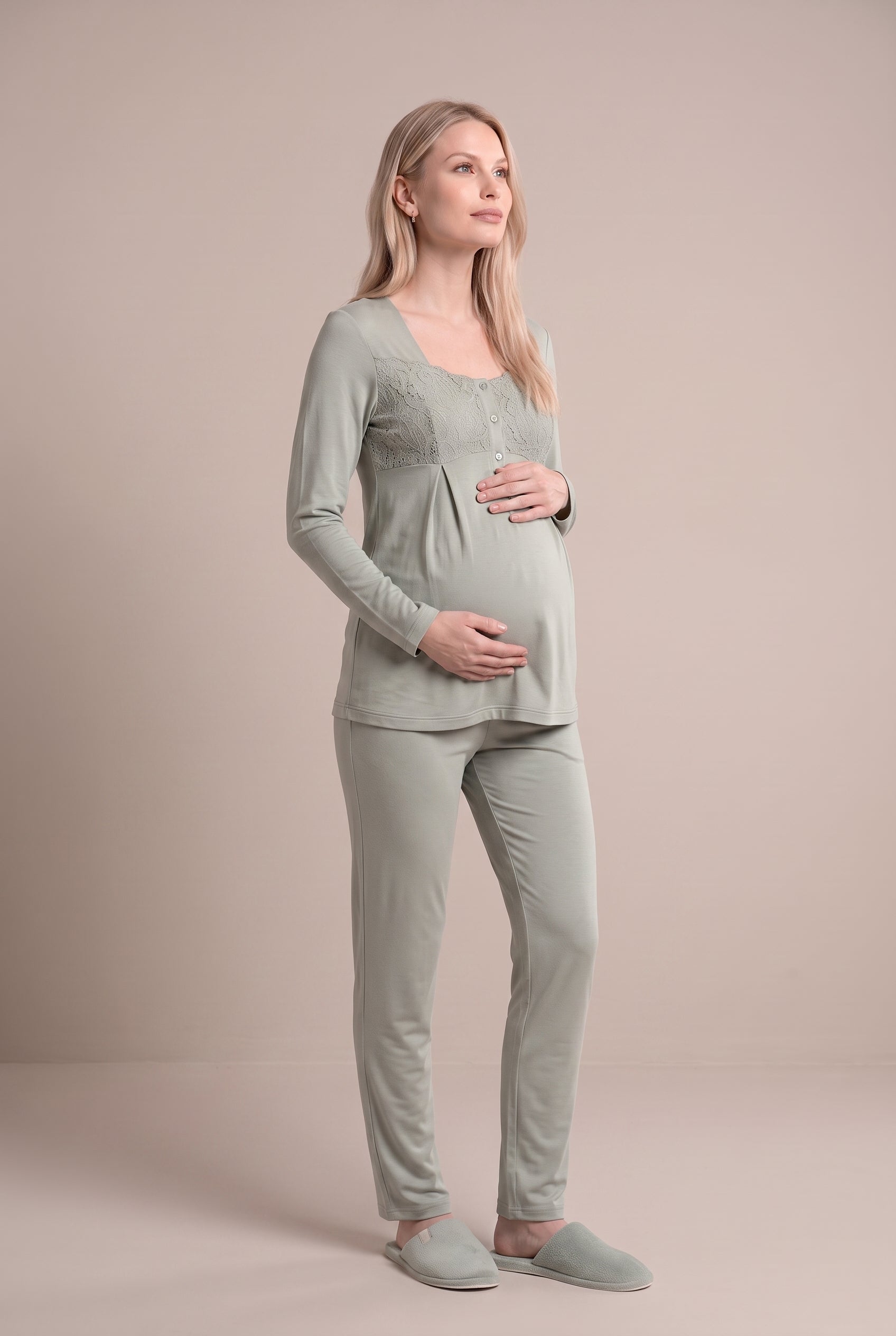 Şık Tasarım Dantel Sabahlıklı Ayarlanabilir Bel Özellikli Pamuklu Lohusa Hamile Sabahlıklı Pijama Takımı 06402