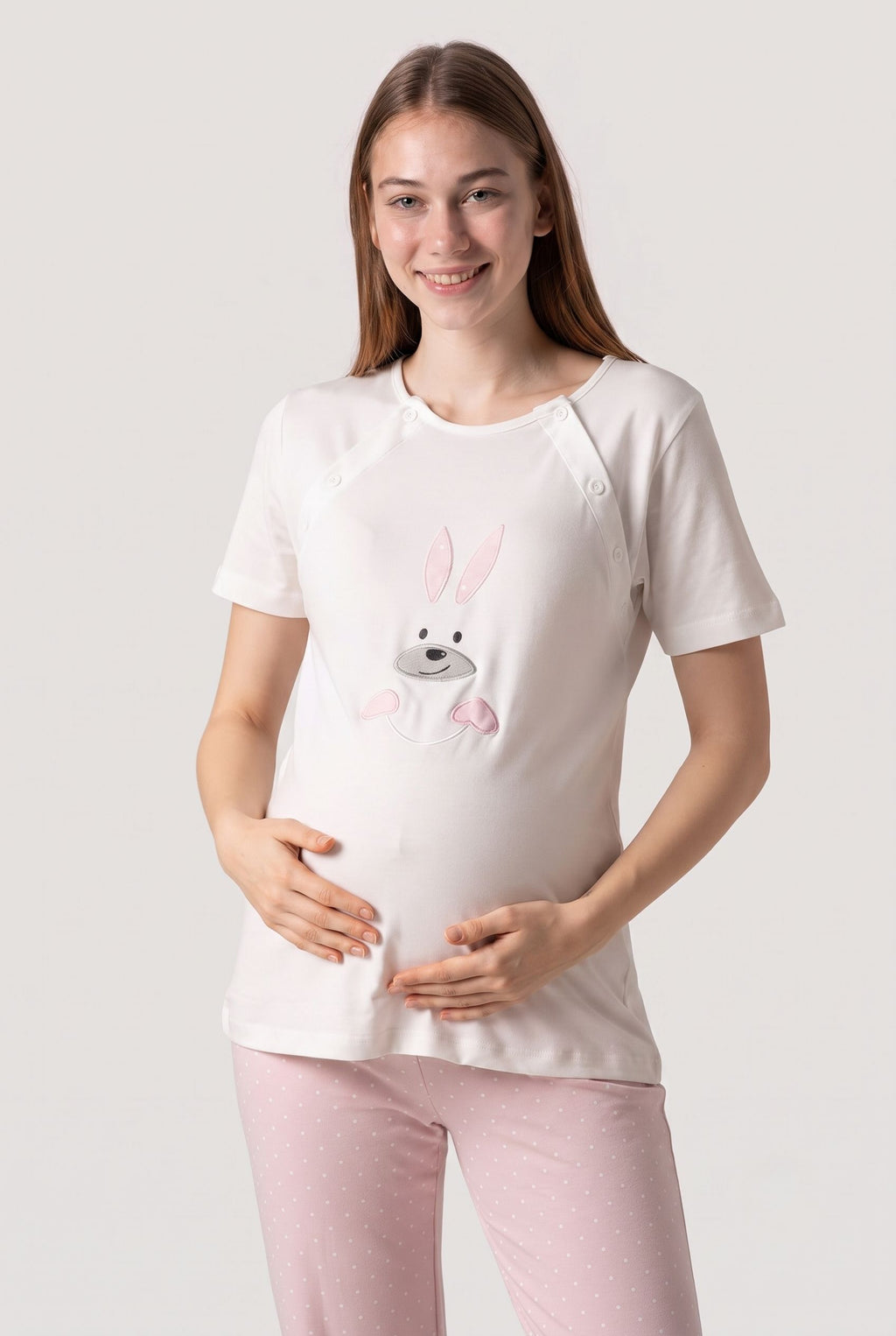 Tavşan Desenli Ayarlabilir Bel Özellikli Emzirme Kolaylıgı Saglayan Lohusa Hamile Pijama Takımı 02074