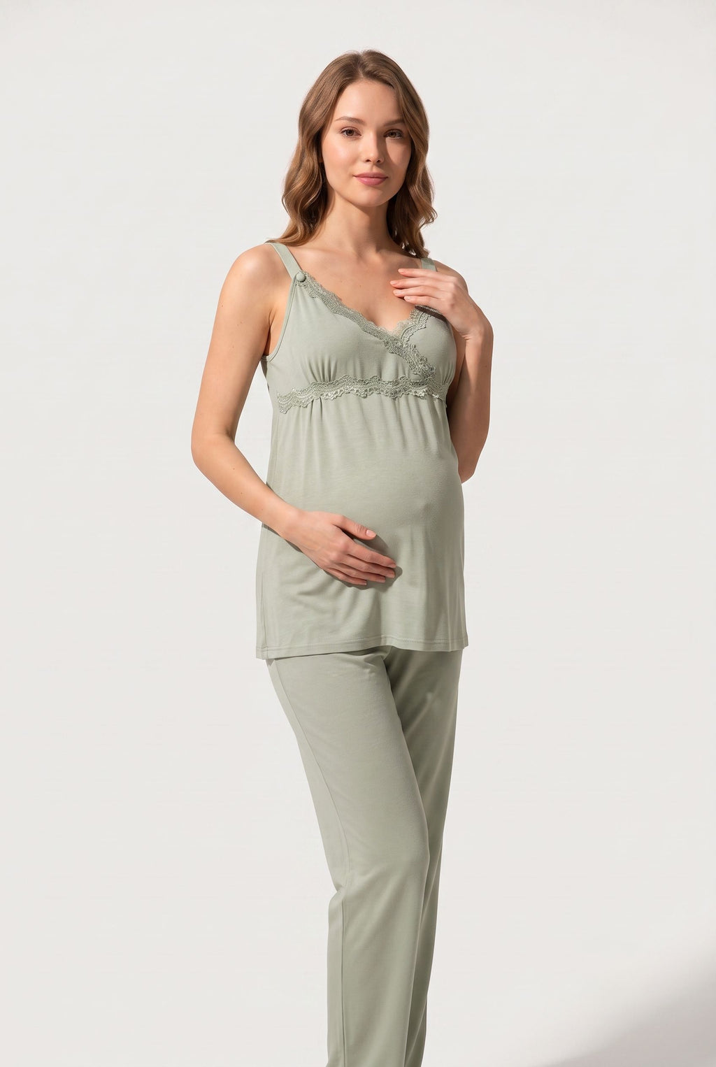 Şık Tasarım Ayarlanabilir Bel Ve Askı Özellikli Pamuklu Lohusa Hamile Pijama Takımı 09032