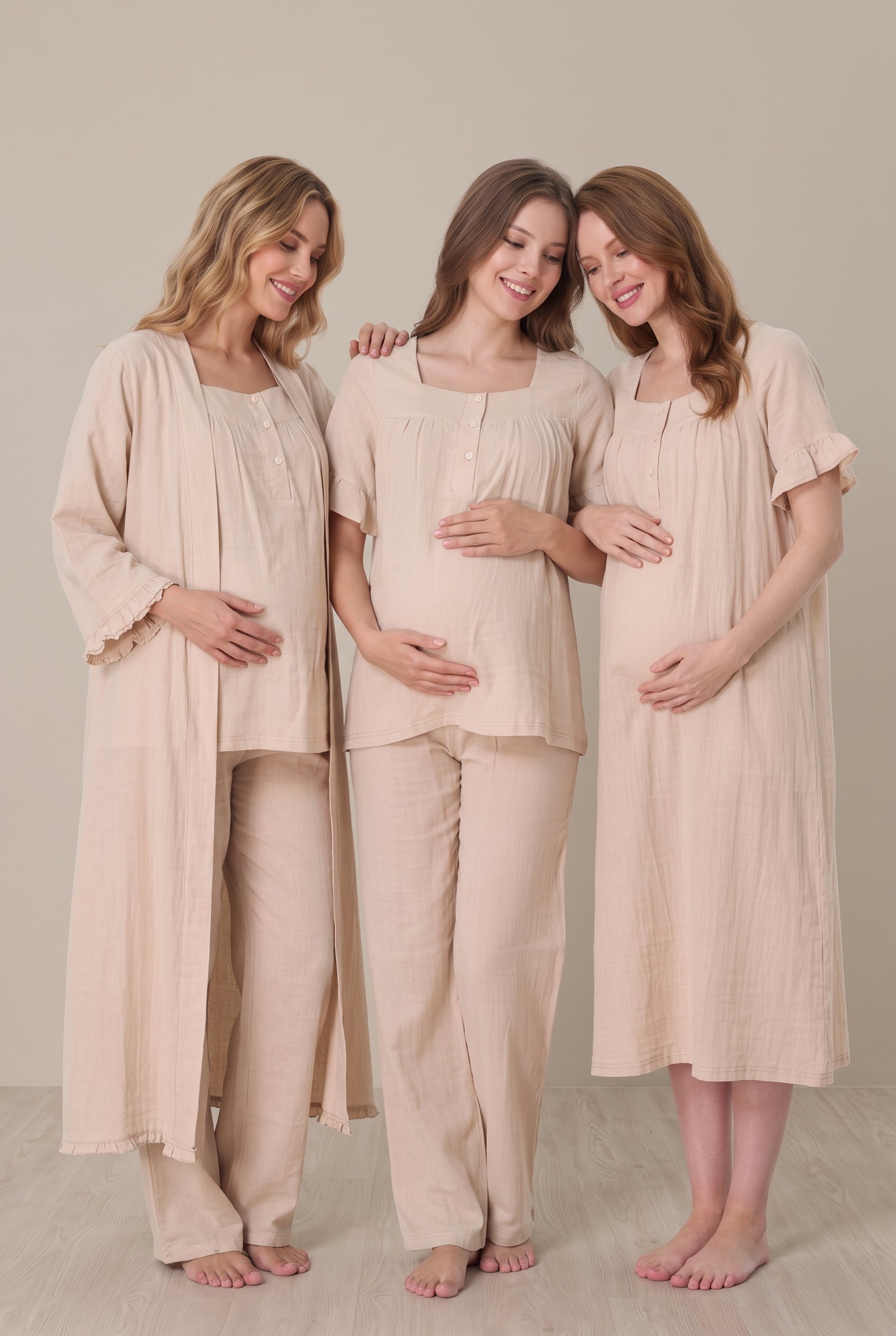 Şık Tasarım Müslin Kumaş Emzirme Kolaylıgı Saglayan Ayarlanabilir Bel Özellikli Pamuklu Lohusa Hamile Sabahlıklı Gecelik Pijama Seti 03086