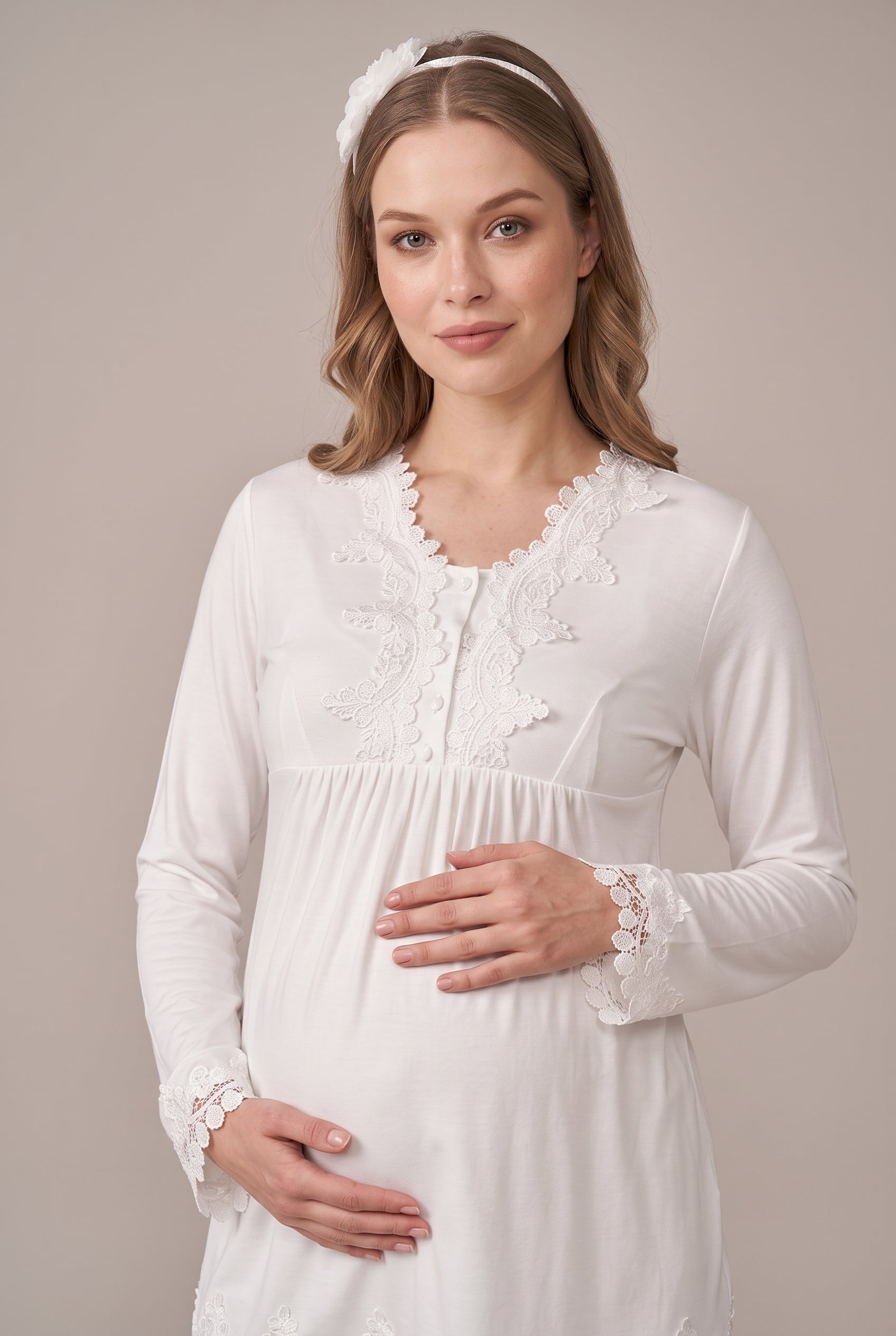 Şık Tasarım Dantel Detaylı Emzirme Kolaylıgı Saglayan Pamuklu Lohusa Hamile Pijama Takımı 01501