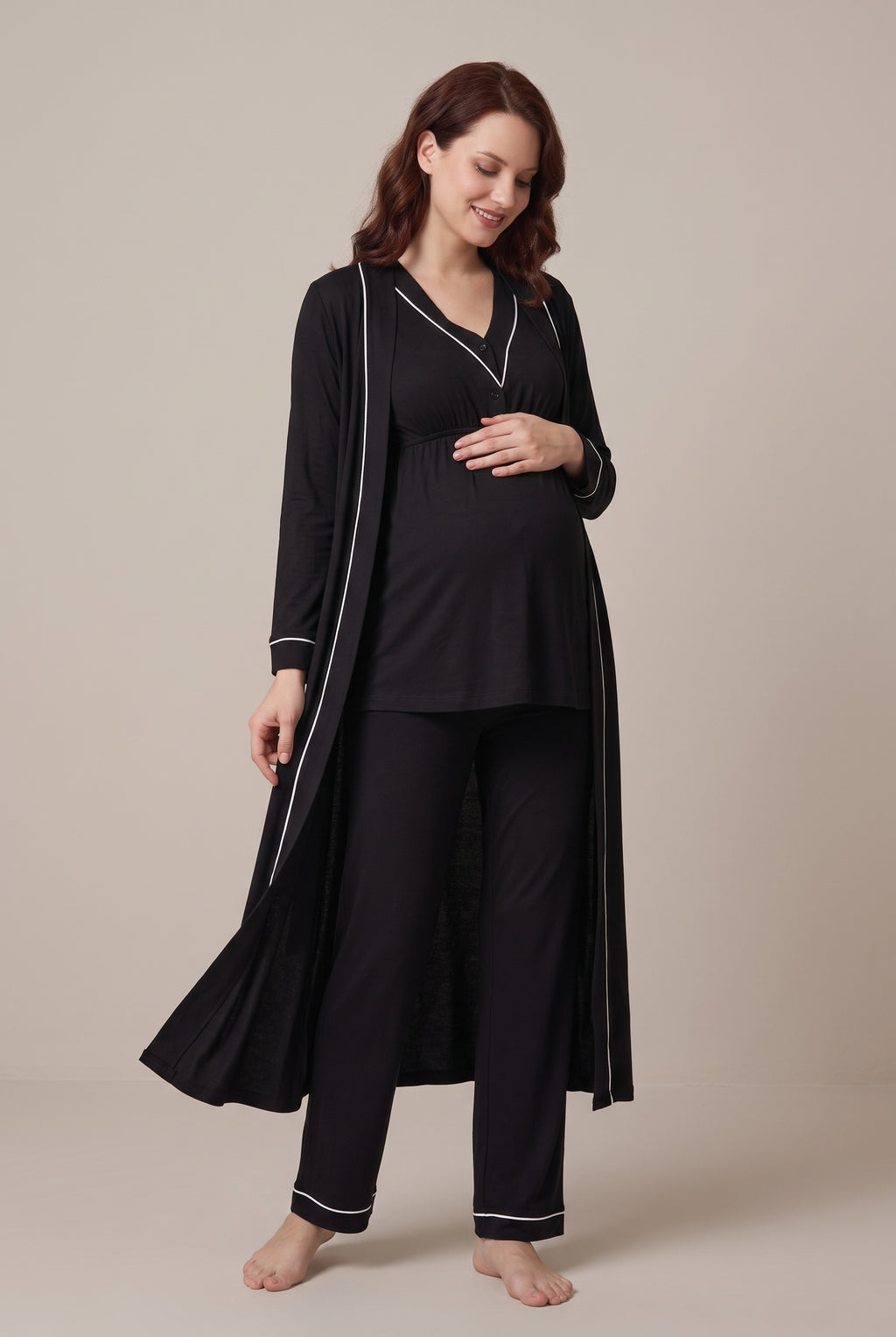 Şık Tasarım Uzun Sabahlıklı Emzirme Kolaylıgı Saglayan Ayarlanabilir Bel Özellikli Pamuklu Sabahlıklı Pijama Takımı 04054