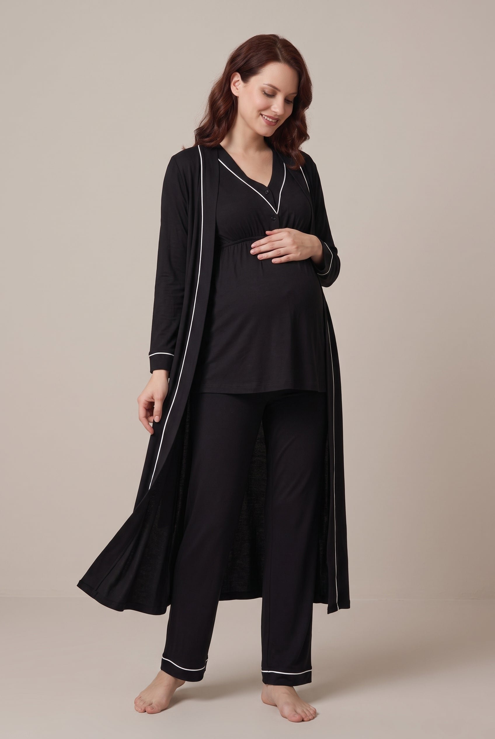 Şık Tasarım Uzun Sabahlıklı Emzirme Kolaylıgı Saglayan Ayarlanabilir Bel Özellikli Pamuklu Sabahlıklı Pijama Takımı 04054
