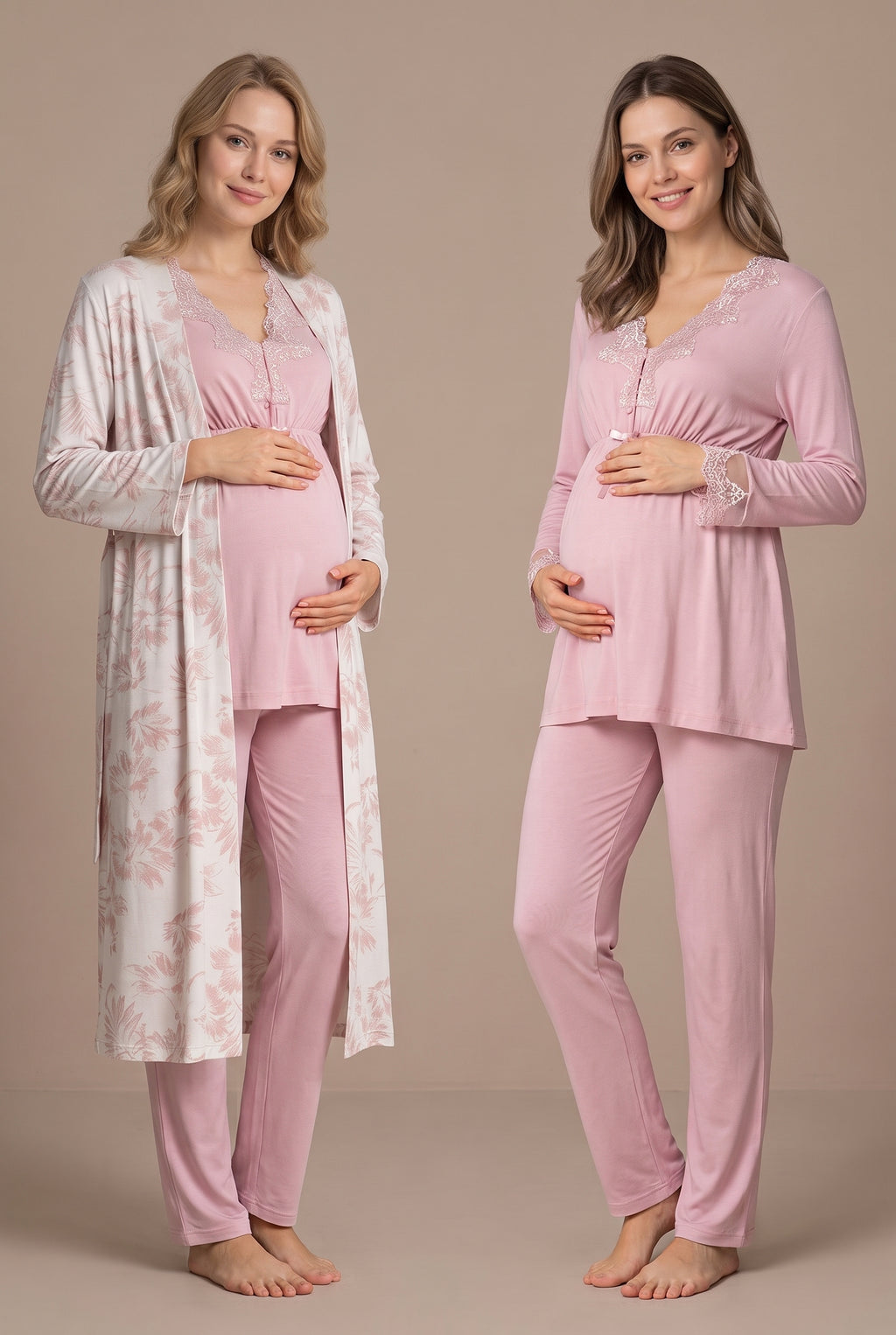 Şık Tasarım Desenli Dantel Detaylı Ayarlanabilir Bel Özellikli Emzirme Kolaylıgı Saglayan Lohusa Hamile Sabahlıklı Pijama Takımı 08094