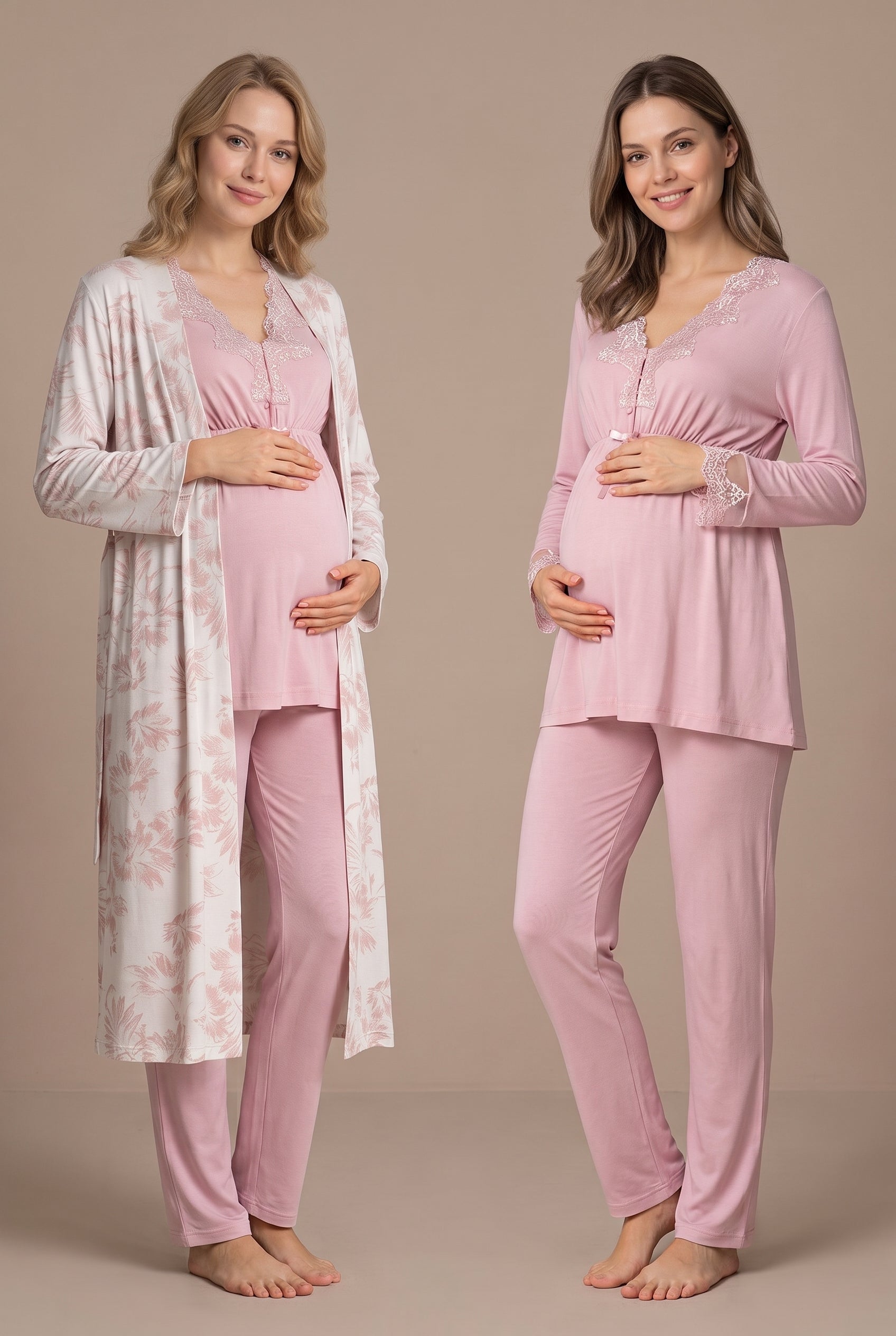 Şık Tasarım Desenli Dantel Detaylı Ayarlanabilir Bel Özellikli Emzirme Kolaylıgı Saglayan Lohusa Hamile Sabahlıklı Pijama Takımı 08094
