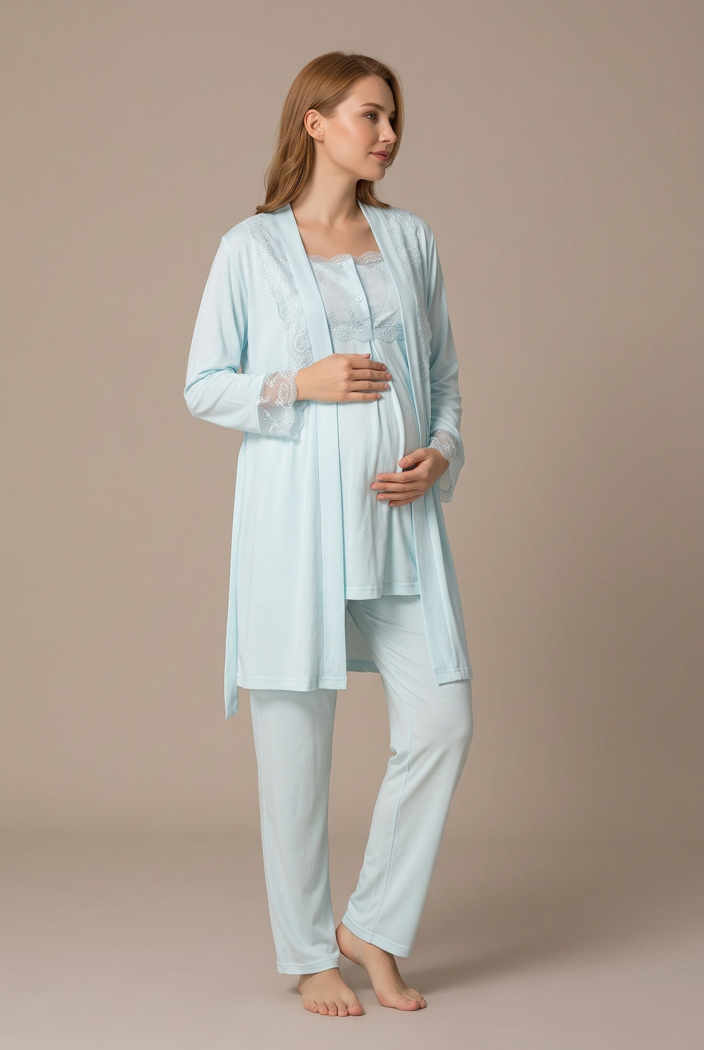 Şık Tasarım Dantel Detaylı Ayarlanabilir Bel Özellikli Pamuklu Lohusa Hamile Sabahlıklı Pijama Takımı 02401