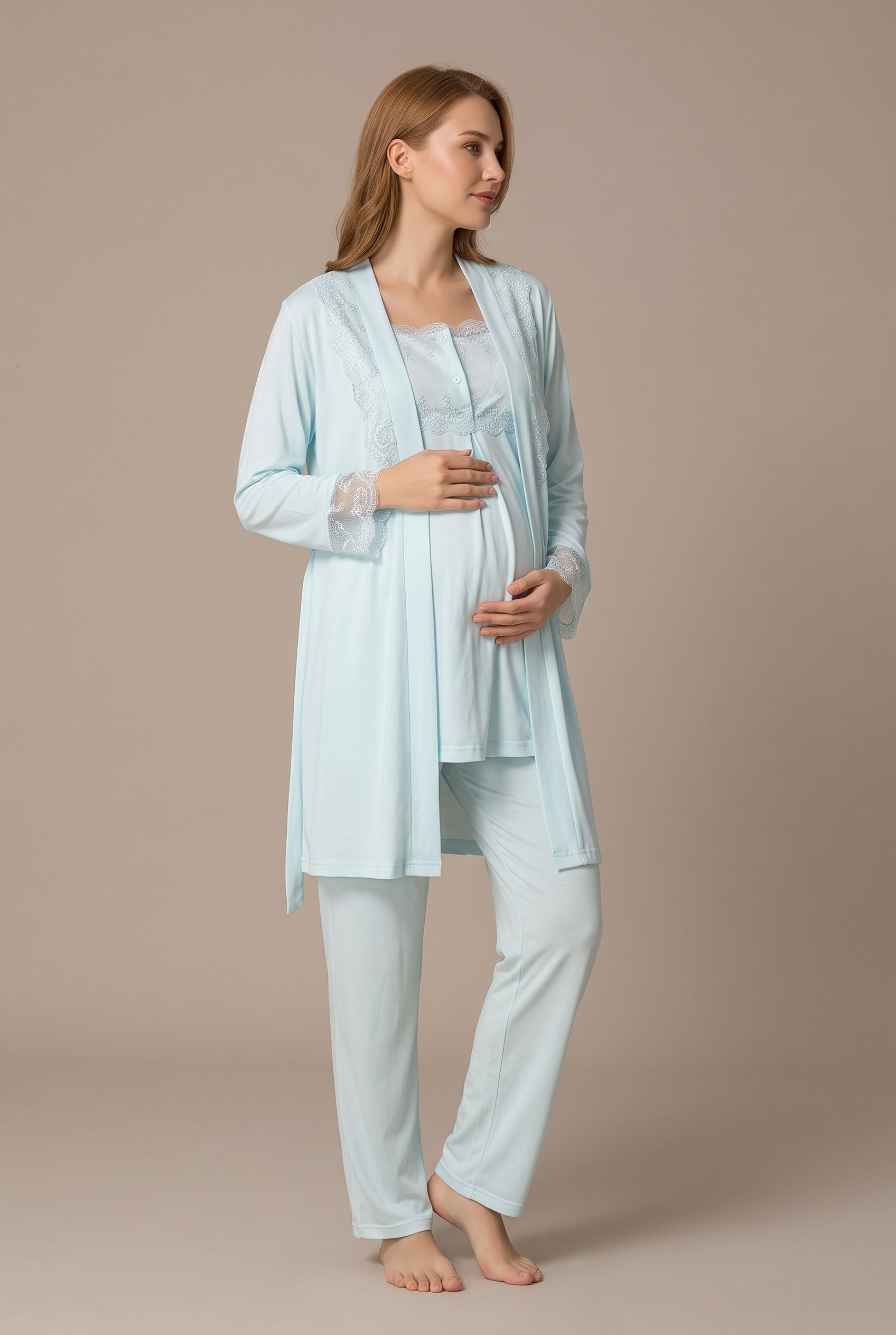 Şık Tasarım Dantel Detaylı Ayarlanabilir Bel Özellikli Pamuklu Lohusa Hamile Sabahlıklı Pijama Takımı 02401