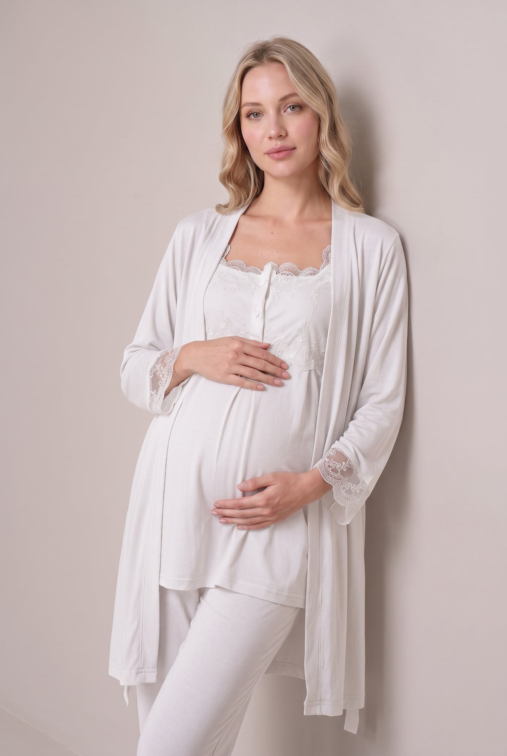 Şık Tasarım Dantel Detaylı Ayarlanabilir Bel Özellikli Pamuklu Lohusa Hamile Sabahlıklı Pijama Seti 02301