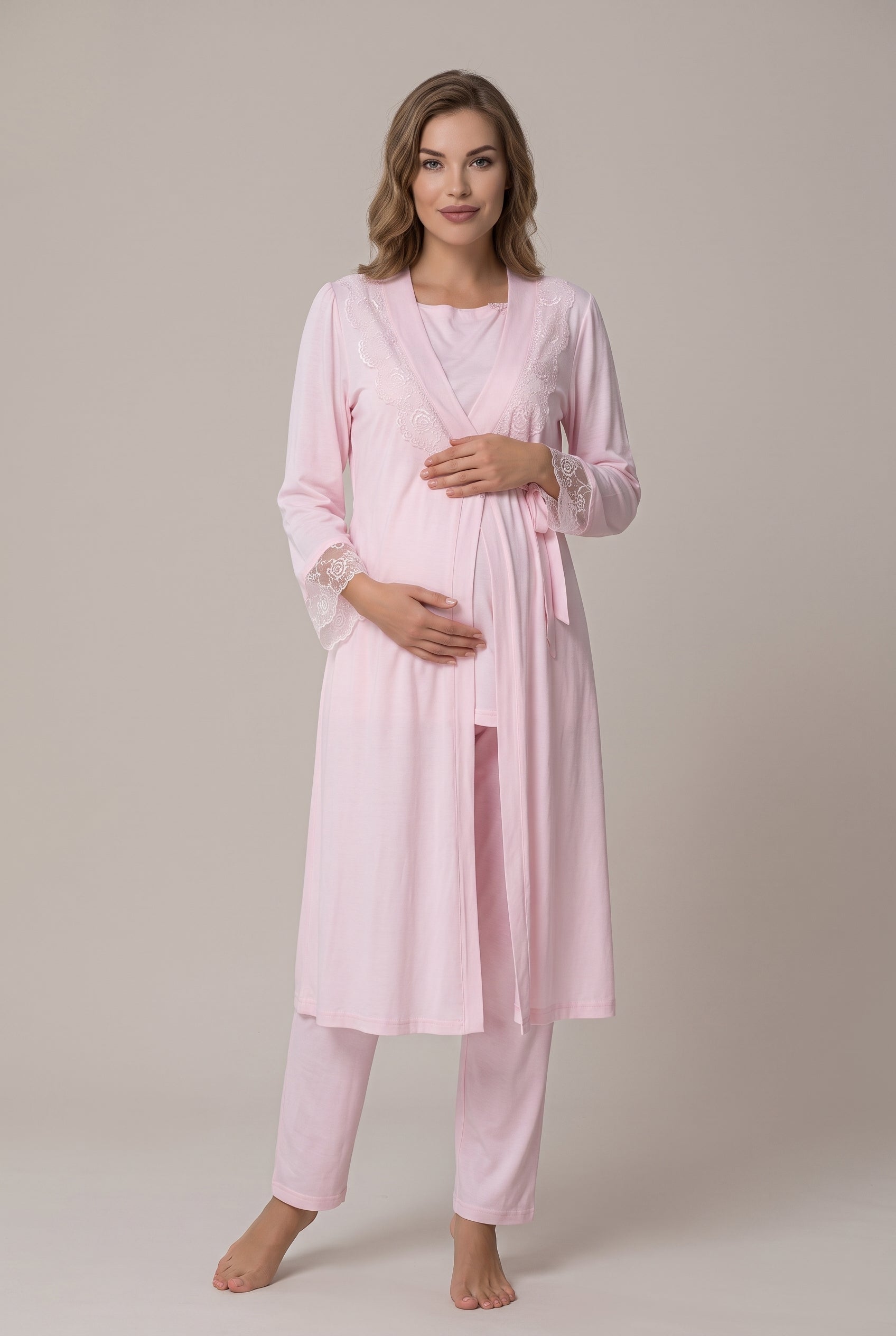 Şık Tasarım Dantel Detaylı Emzirme Kolaylıgı Saglayan Ayarlanabilir Bel Özellikli Pamuklu Lohusa Hamile Sabahlıklı Pijama Takımı 02018