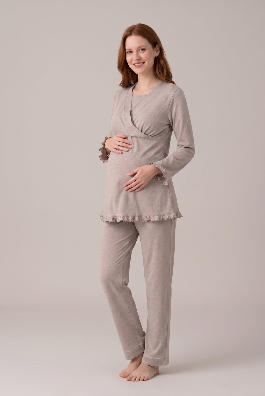 Şık Tasarım Kruvaze Yaka Emzirme Kolaylıgı Saglayan Ayarlanabilir Bel Özellikli Pamuklu Lohusa Hamile Sabahlıklı Pijama Takımı 04044