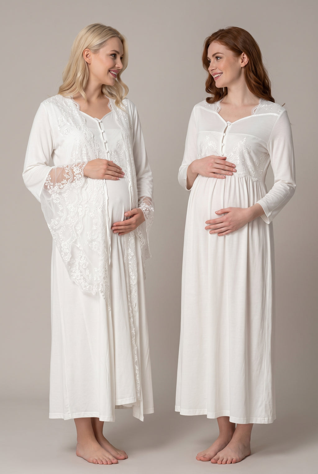 Şık Tasarım Baby Shower Prenses Kol Tasarımlı Pamuklu Lohusa Hamile Sabahlıklı Gecelik Seti 03010