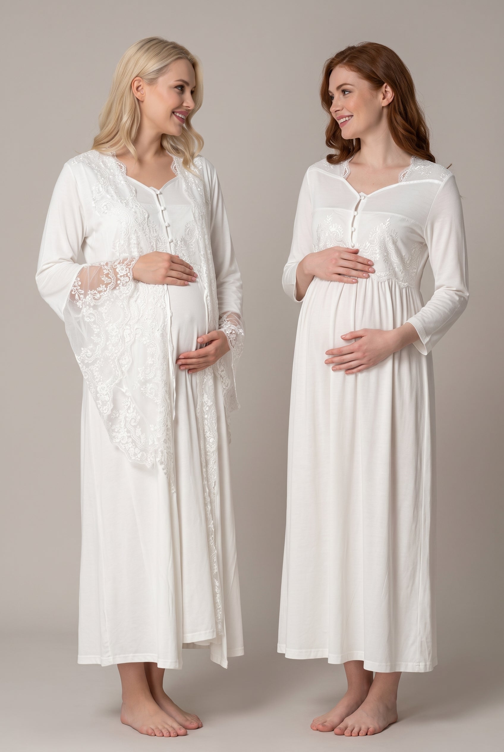 Şık Tasarım Baby Shower Prenses Kol Tasarımlı Pamuklu Lohusa Hamile Sabahlıklı Gecelik Seti 03010