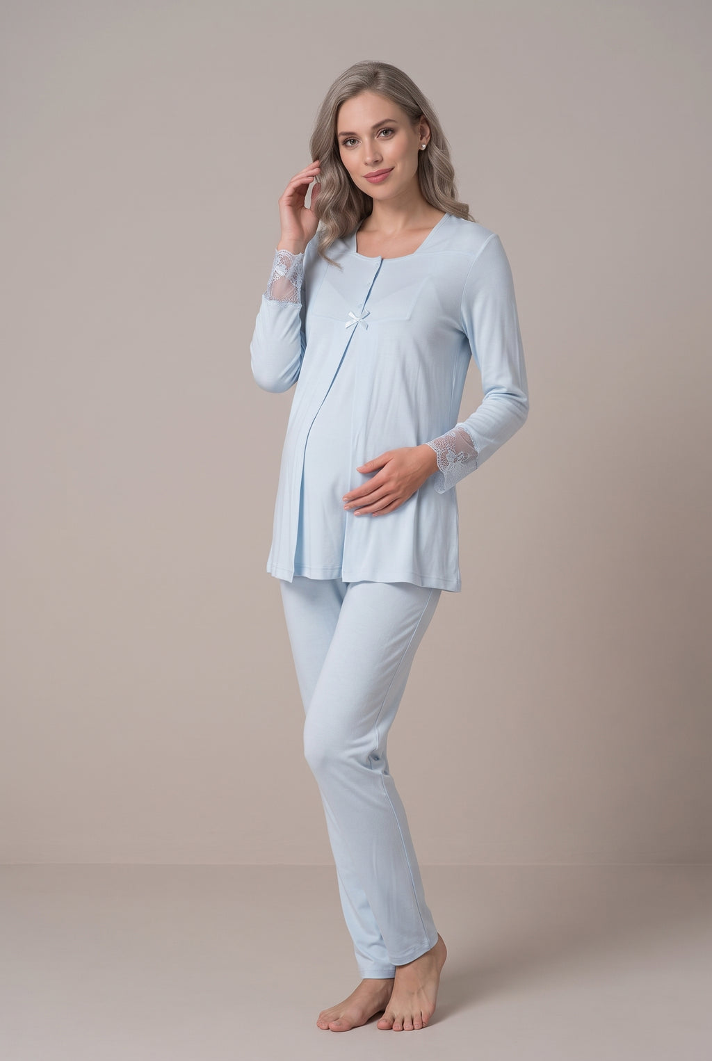 Şık Tasarım Desenli Dantel Detaylı Emzirme Kolaylıgı Saglayan Ayarlanabilir Bel Özellikli Pamuklu Lohusa Hamile Sabahlıklı Pijama Takımı 09044