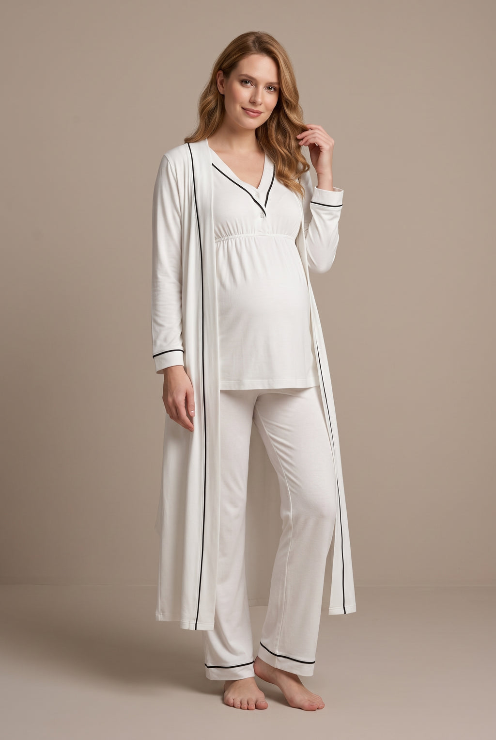 Şık Tasarım Uzun Sabahlıklı Emzirme Kolaylıgı Saglayan Ayarlanabilir Bel Özellikli Pamuklu Sabahlıklı Pijama Takımı 04054
