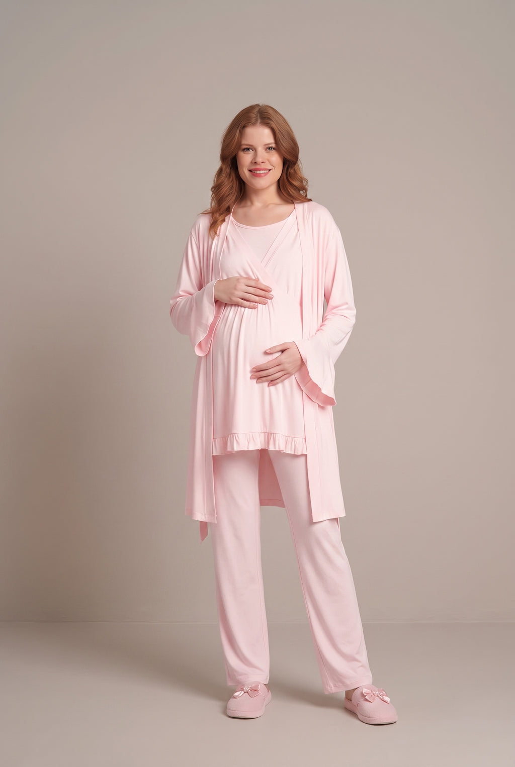 Şık Tasarım Kruvaze Yaka Pamuklu Ayarlanabilir Bel Özellikli Lohusa Hamile Sabahlıklı Pijama Seti 2364