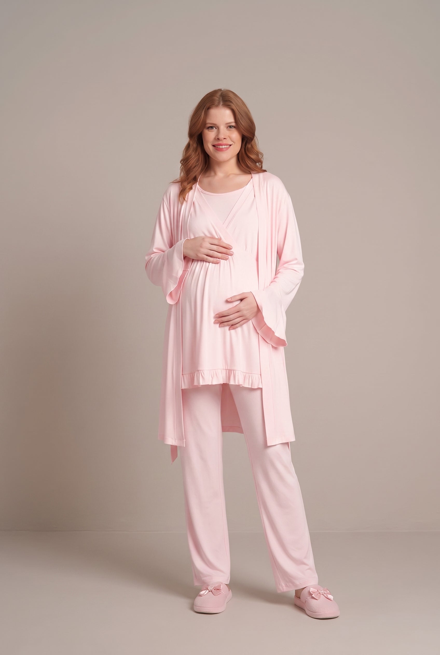 Şık Tasarım Kruvaze Yaka Pamuklu Ayarlanabilir Bel Özellikli Lohusa Hamile Sabahlıklı Pijama Seti 2364