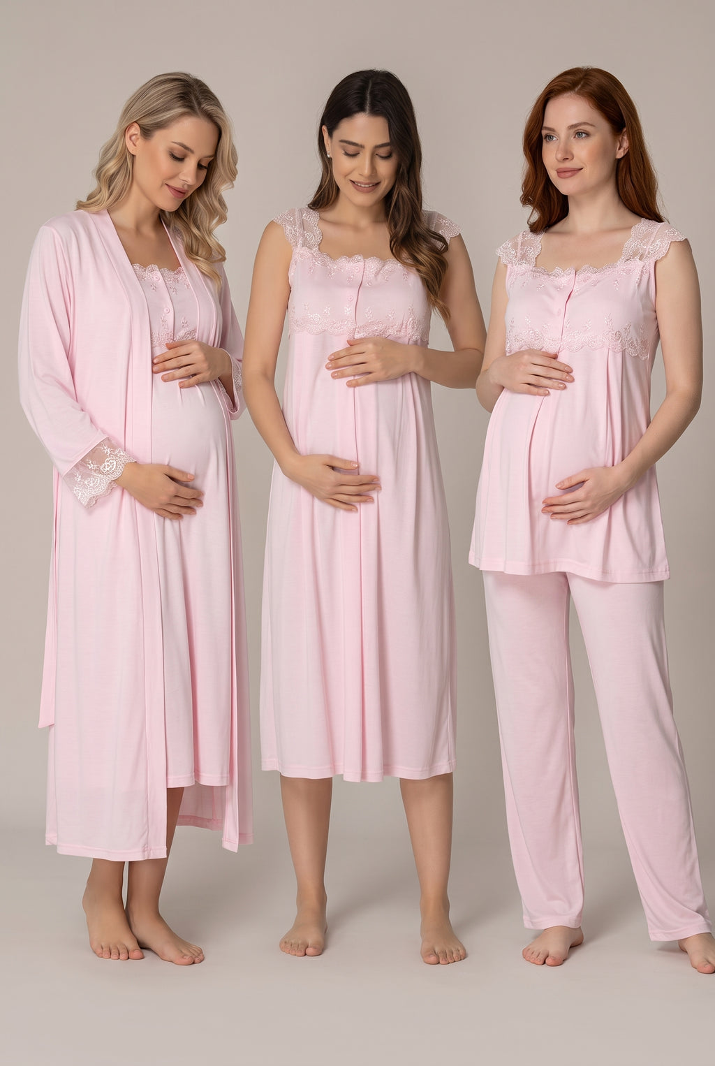 Şık Tasarım Askılı Ayarlanabilir Bel Özellikli Lohusa Hamile Sabahlık Gecelik Pijama 4'Lü Set 02305