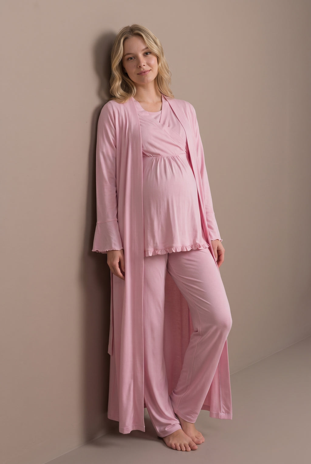 Şık Tasarım Kruvaze Yaka Ayarlanabilir Bel Özellikli Pamuklu Lohusa Hamile Sabahlıklı Pijama Seti 03034