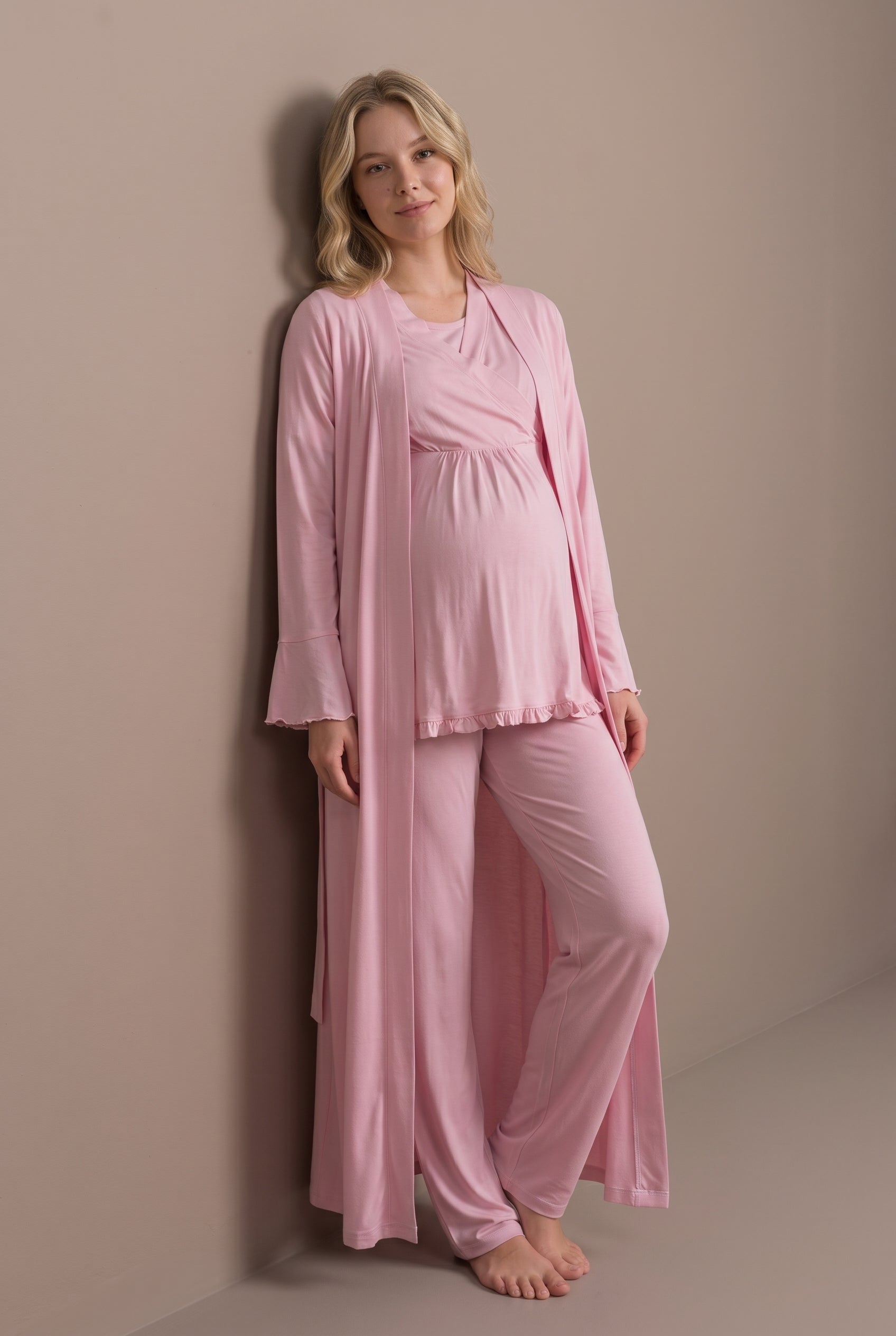 Şık Tasarım Kruvaze Yaka Ayarlanabilir Bel Özellikli Pamuklu Lohusa Hamile Sabahlıklı Pijama Seti 03034