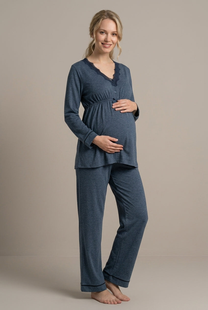 Şık Tasarım Dantel Detaylı Ayarlanabilir Bel Özellikli Pamuklu Lohusa Hamile Pijama Takımı 03052