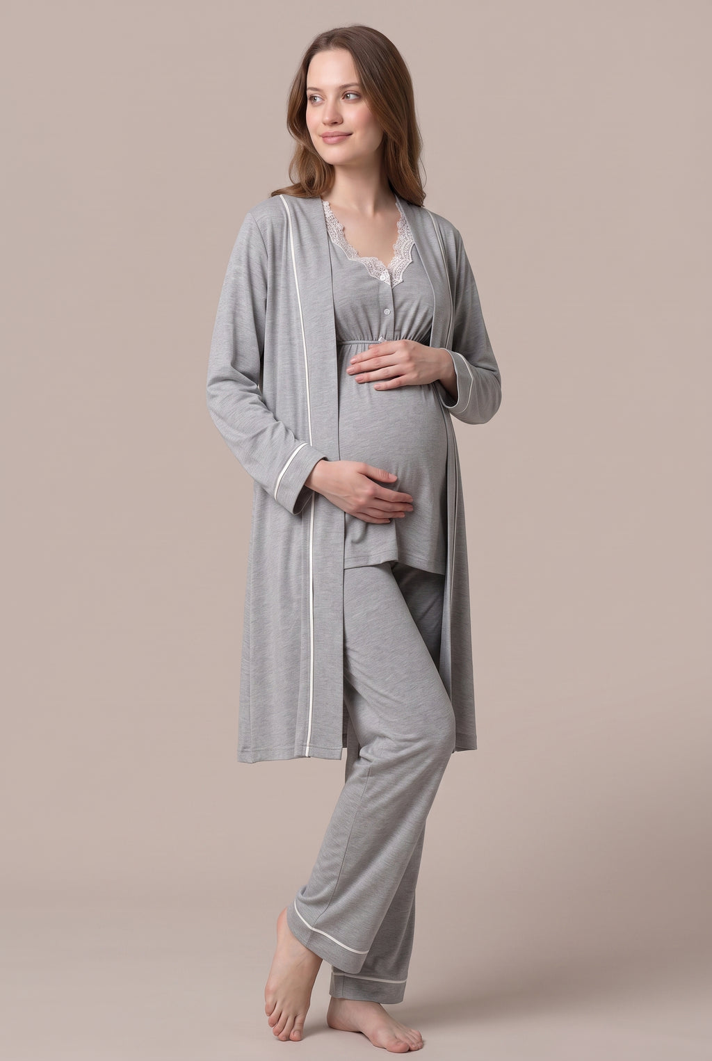 Şık Tasarım Dantel Detaylı Emzirme Kolaylıgı Saglayan Ayarlanabilir Bel Özellikli Pamuklu Lohusa Hamile Sabahlıklı Pijama Takımı 03054