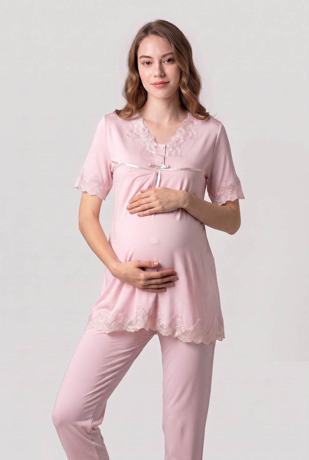 Şık Tasarım Dantelli Ayarlanabilir Bel Özellikli Emzirme Kolaylıgı Saglayan Pamuklu Lohusa Hamile Pijama Takımı 05032
