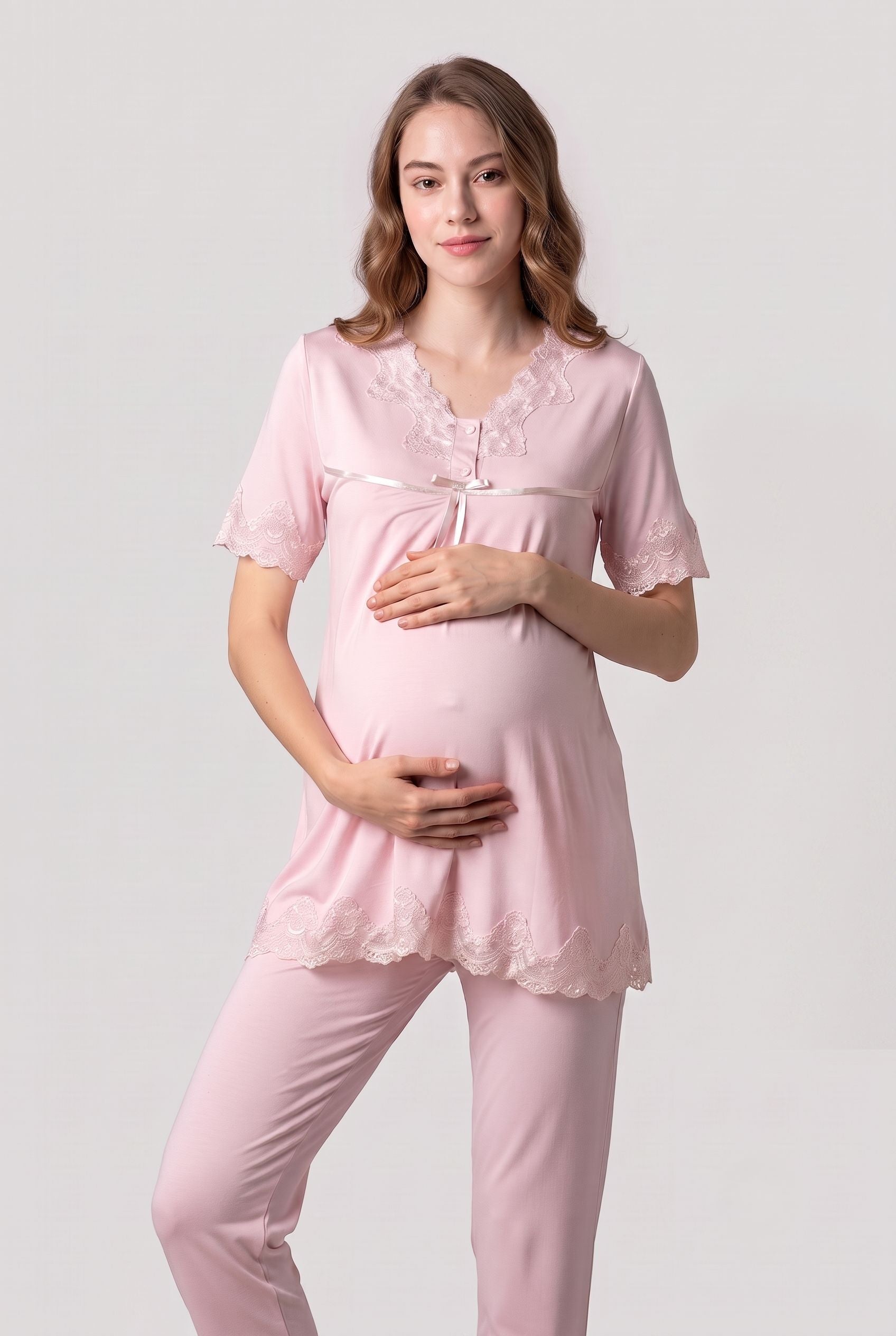Şık Tasarım Dantelli Ayarlanabilir Bel Özellikli Emzirme Kolaylıgı Saglayan Pamuklu Lohusa Hamile Pijama Takımı 05032