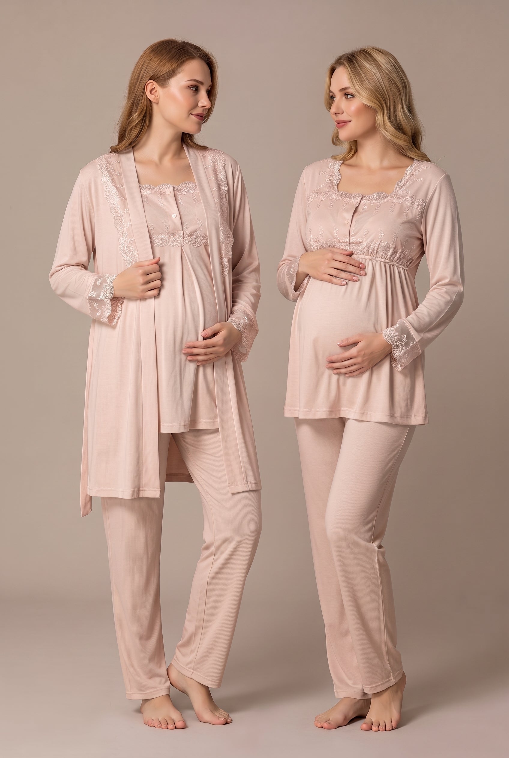 Şık Tasarım Dantel Detaylı Ayarlanabilir Bel Özellikli Pamuklu Lohusa Hamile Sabahlıklı Pijama Takımı 02401