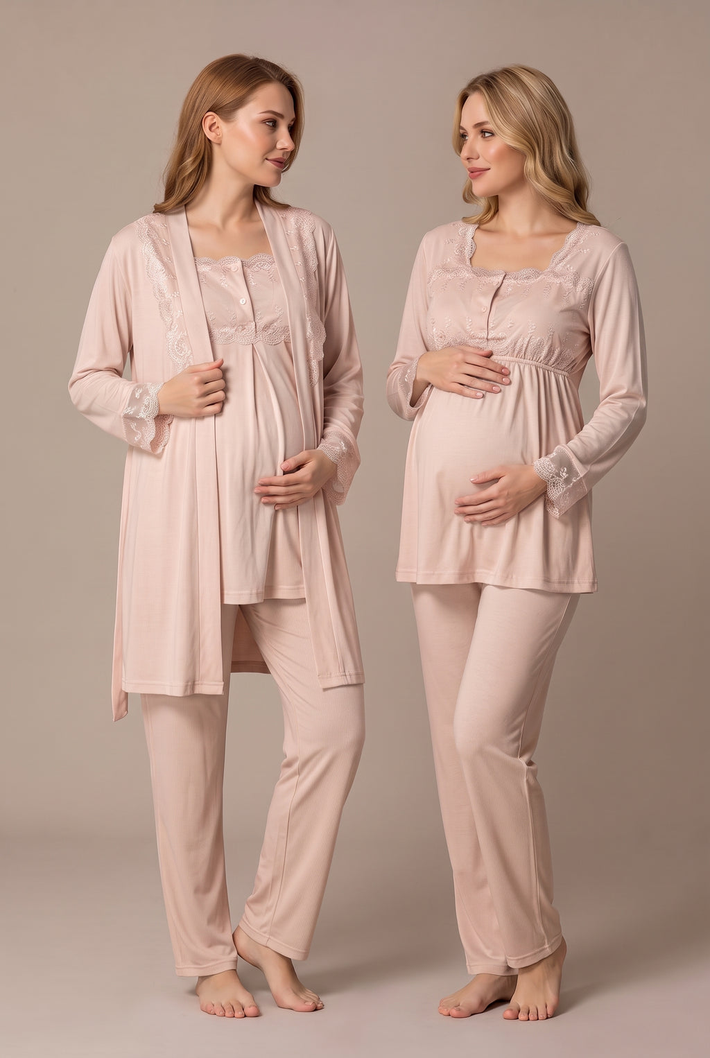 Şık Tasarım Dantel Detaylı Ayarlanabilir Bel Özellikli Pamuklu Lohusa Hamile Sabahlıklı Pijama Takımı 02401