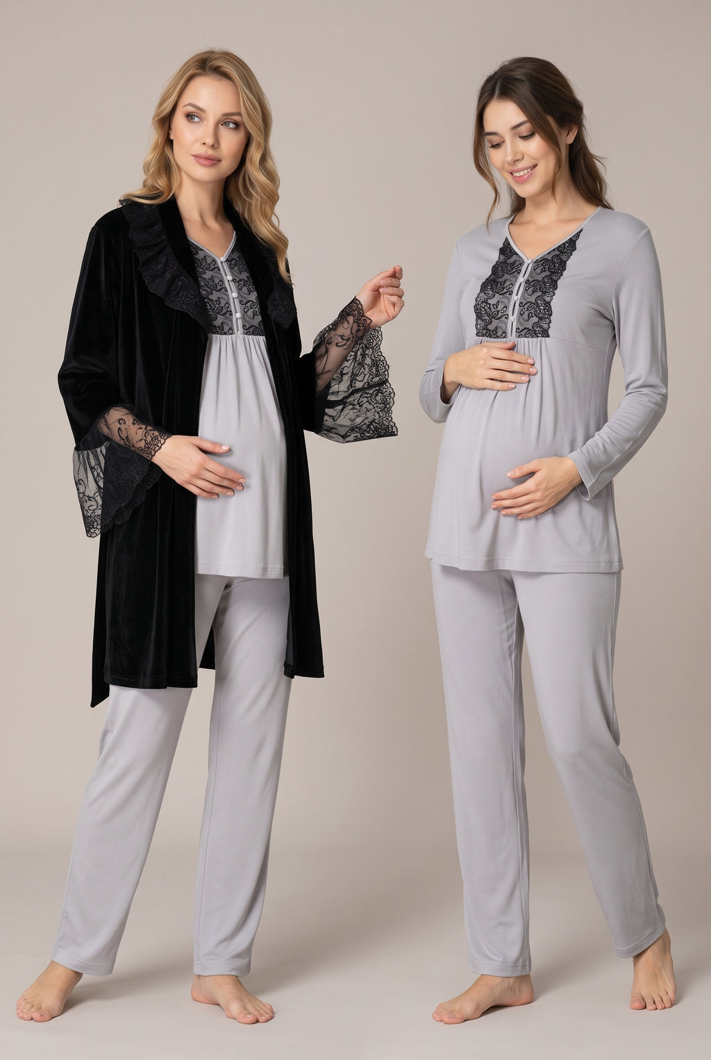Şık Tasarım Kadife Dantel Detaylı Emzirme Kolaylıgı Saglayan Ayarlabilir Bel Özellikli Pamuklu Lohusa Hamile Sabahlıklı Pijama Takımı 08088
