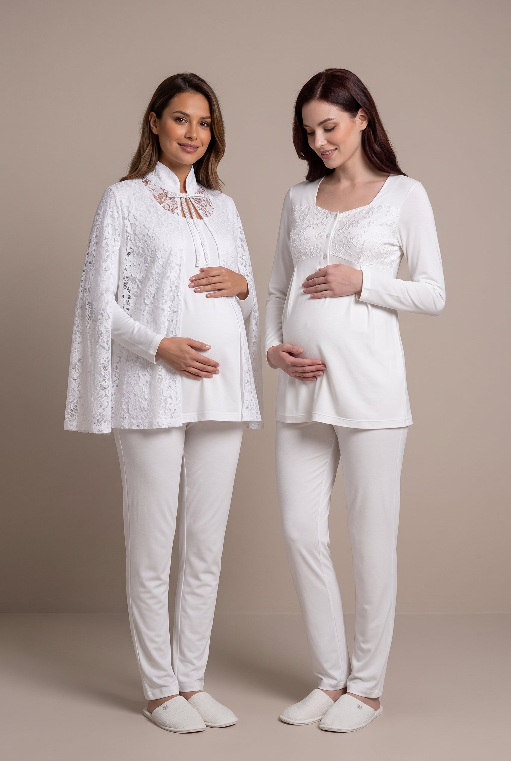 Şık Tasarım Dantel Sabahlıklı Ayarlanabilir Bel Özellikli Pamuklu Lohusa Hamile Sabahlıklı Pijama Takımı 06402