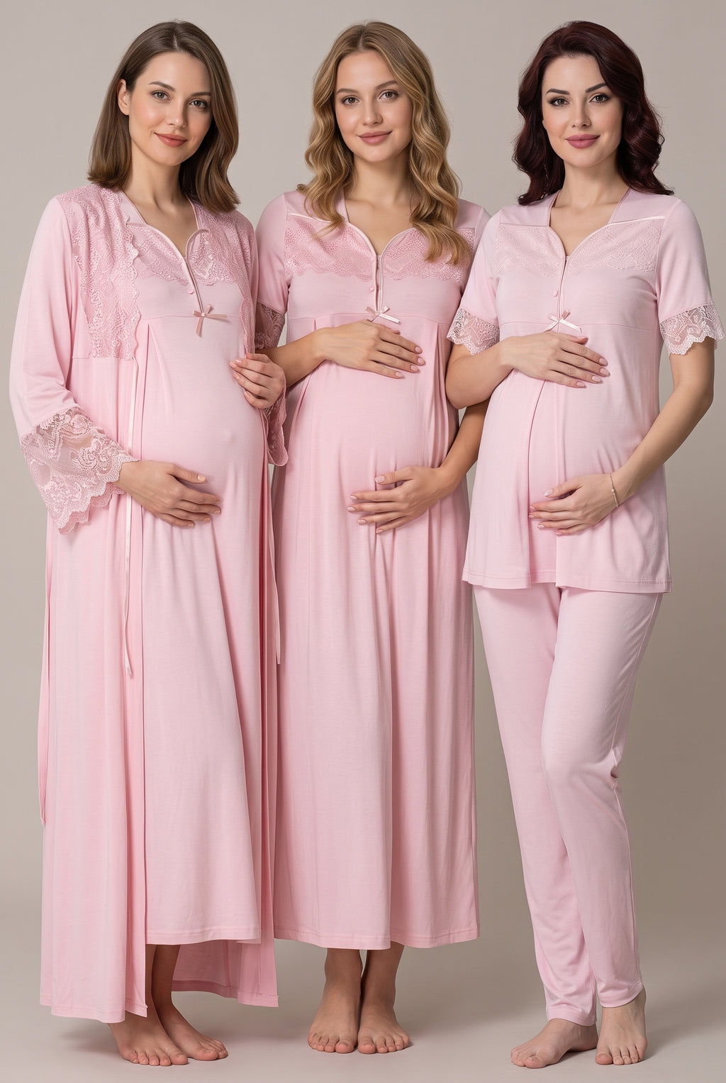 Şık Tasarım Dantelli Ayarlanabilir Bel Özellikli Lohusa Hamile Sabahlık Gecelik Pijama Seti 09016