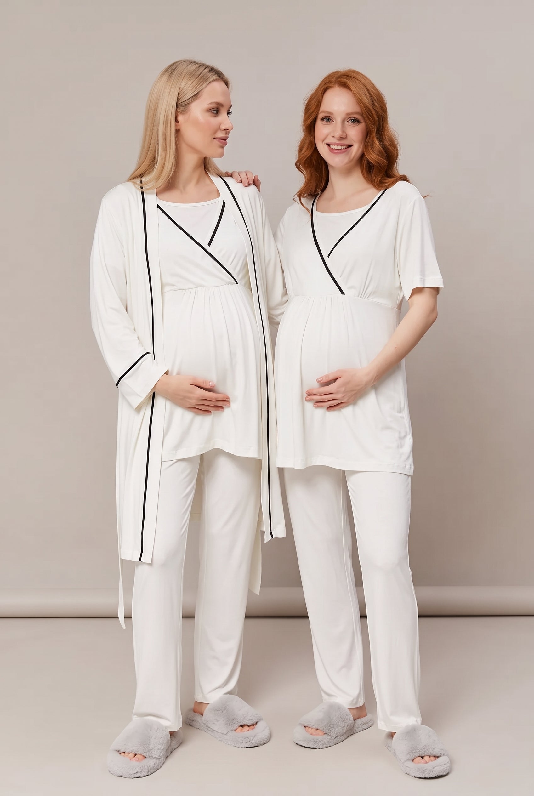 Şık Tasarım Kruvaze Yaka Ayarnabilir Bel Özellikli Pamuklu Lohusa Hamile Sabahlıklı Pijama Seti 0808