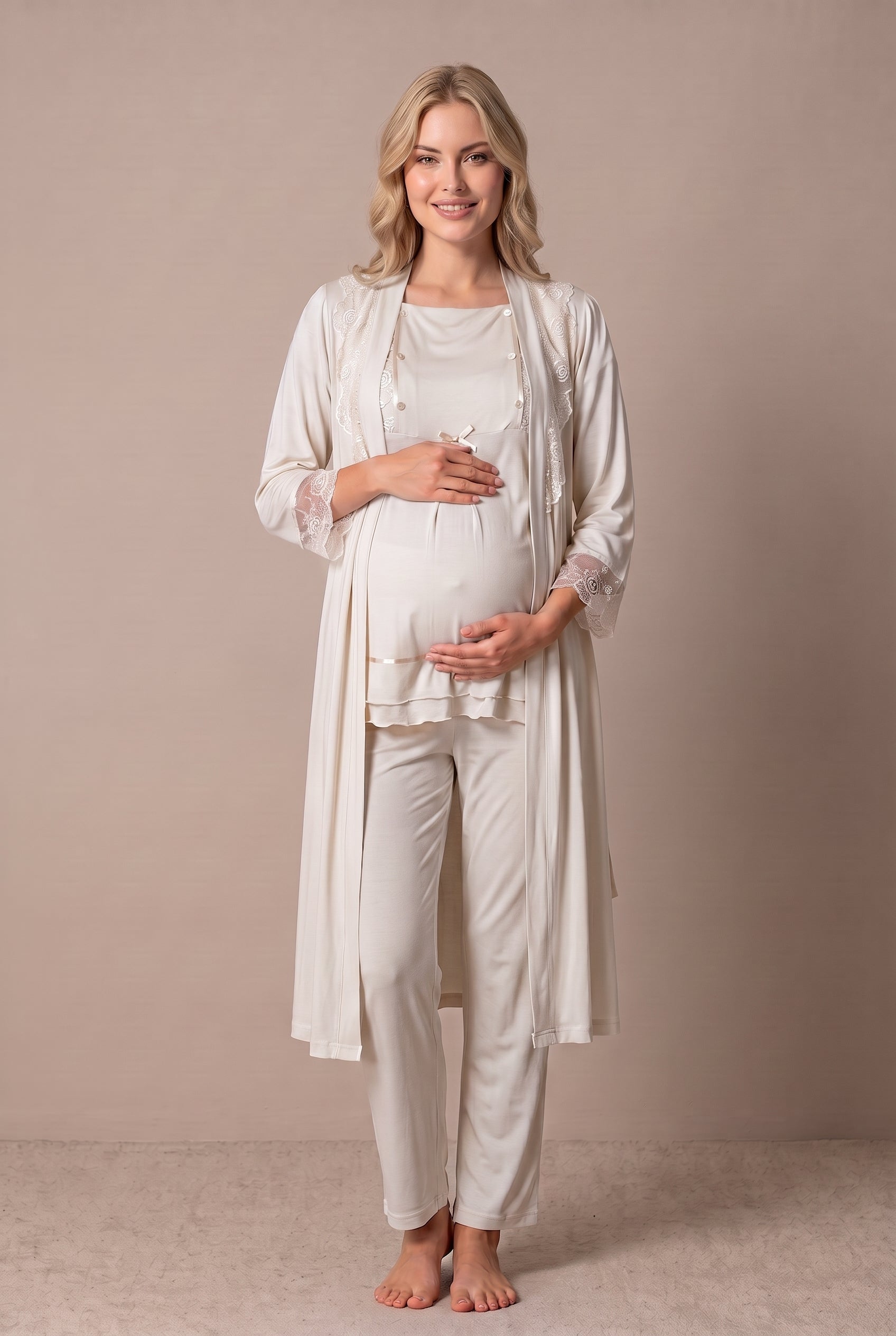 Şık Tasarım Dantelli Ayarlanabilir Bel Özellikli Pamuklu Lohusa Hamile Sabahlıklı Pijama Takımı 02054