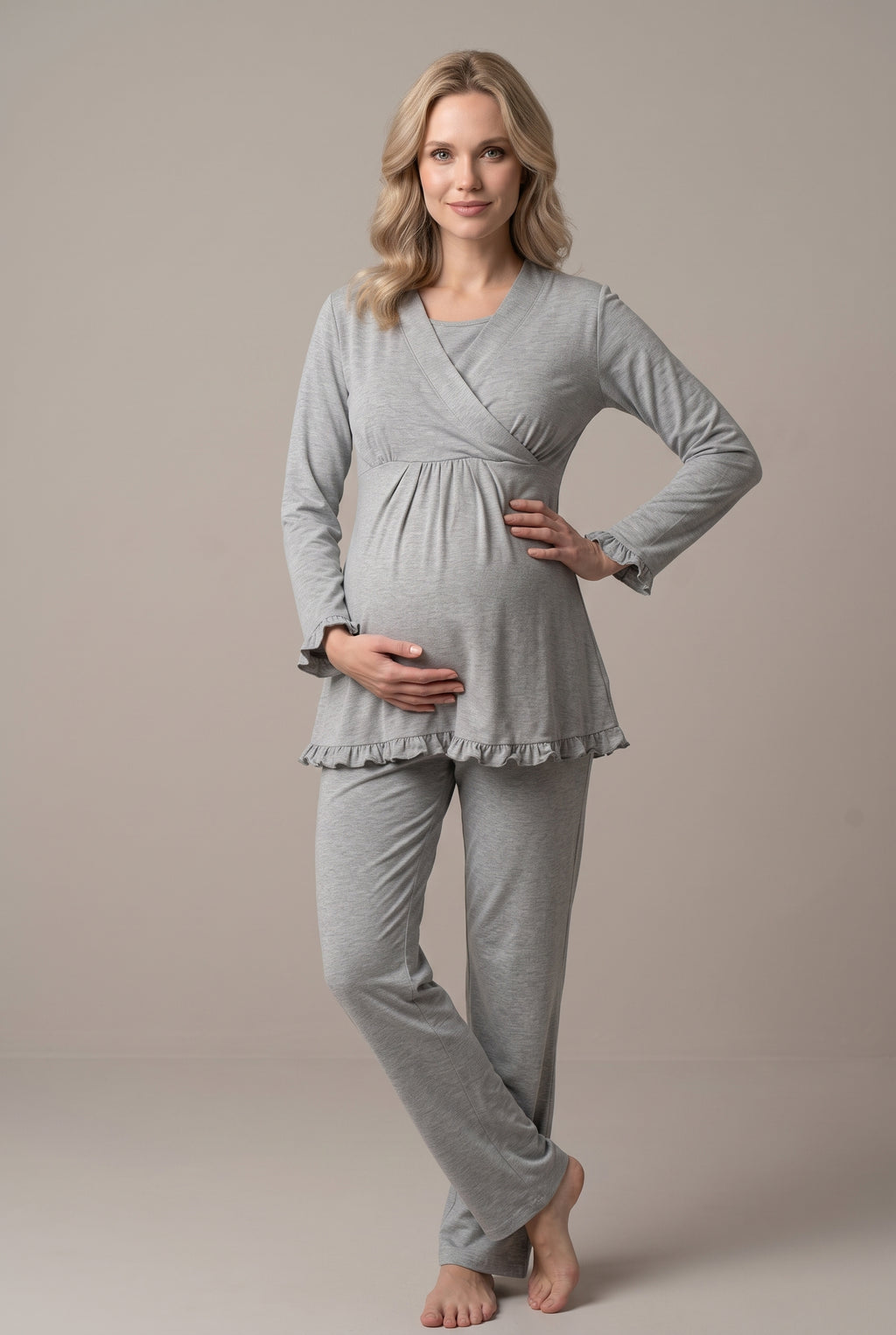 Şık Tasarım Kruvaze Yaka Ayarlanabilir Bel Özellikli Pamuklu Lohusa Hamile Pijama Takımı 04042