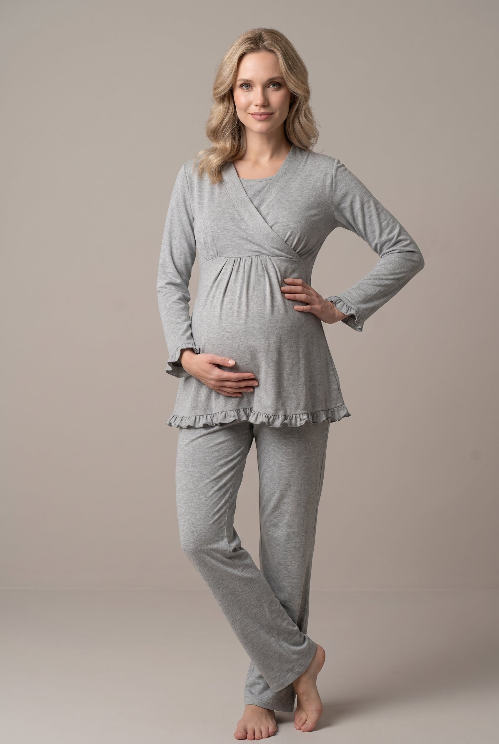 Şık Tasarım Kruvaze Yaka Ayarlanabilir Bel Özellikli Pamuklu Lohusa Hamile Pijama Takımı 04042