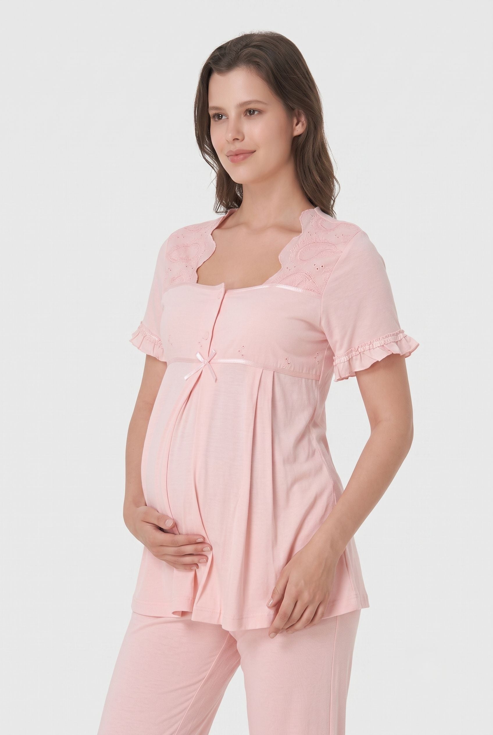 Şık Tasarım Fisto Keten Detaylı Ayarlanabilir Bel Özellikli Pamuklu Lohusa Hamile Pijama Takımı 07022