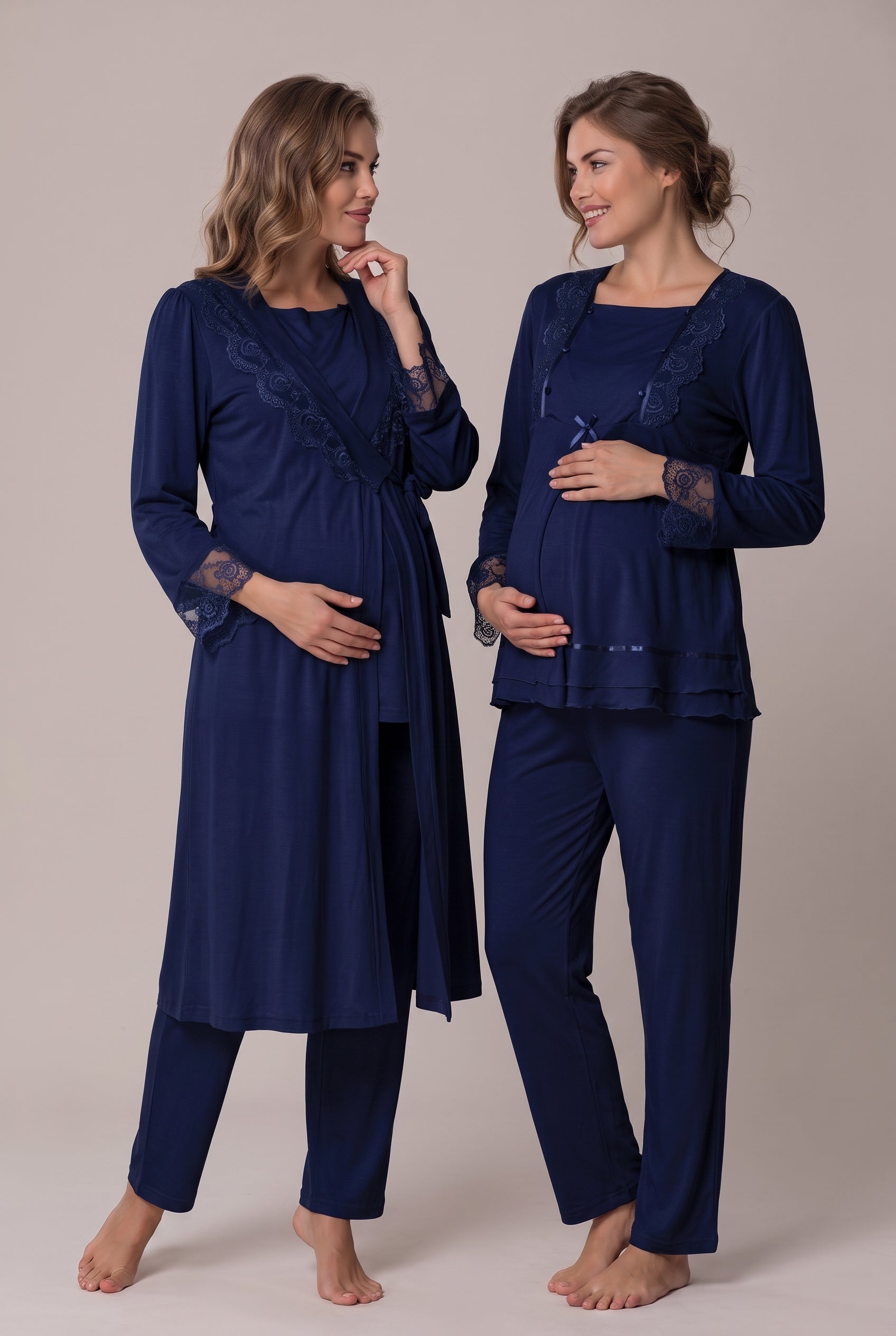 Şık Tasarım Dantel Detaylı Emzirme Kolaylıgı Saglayan Ayarlanabilir Bel Özellikli Pamuklu Lohusa Hamile Sabahlıklı Pijama Takımı 02018